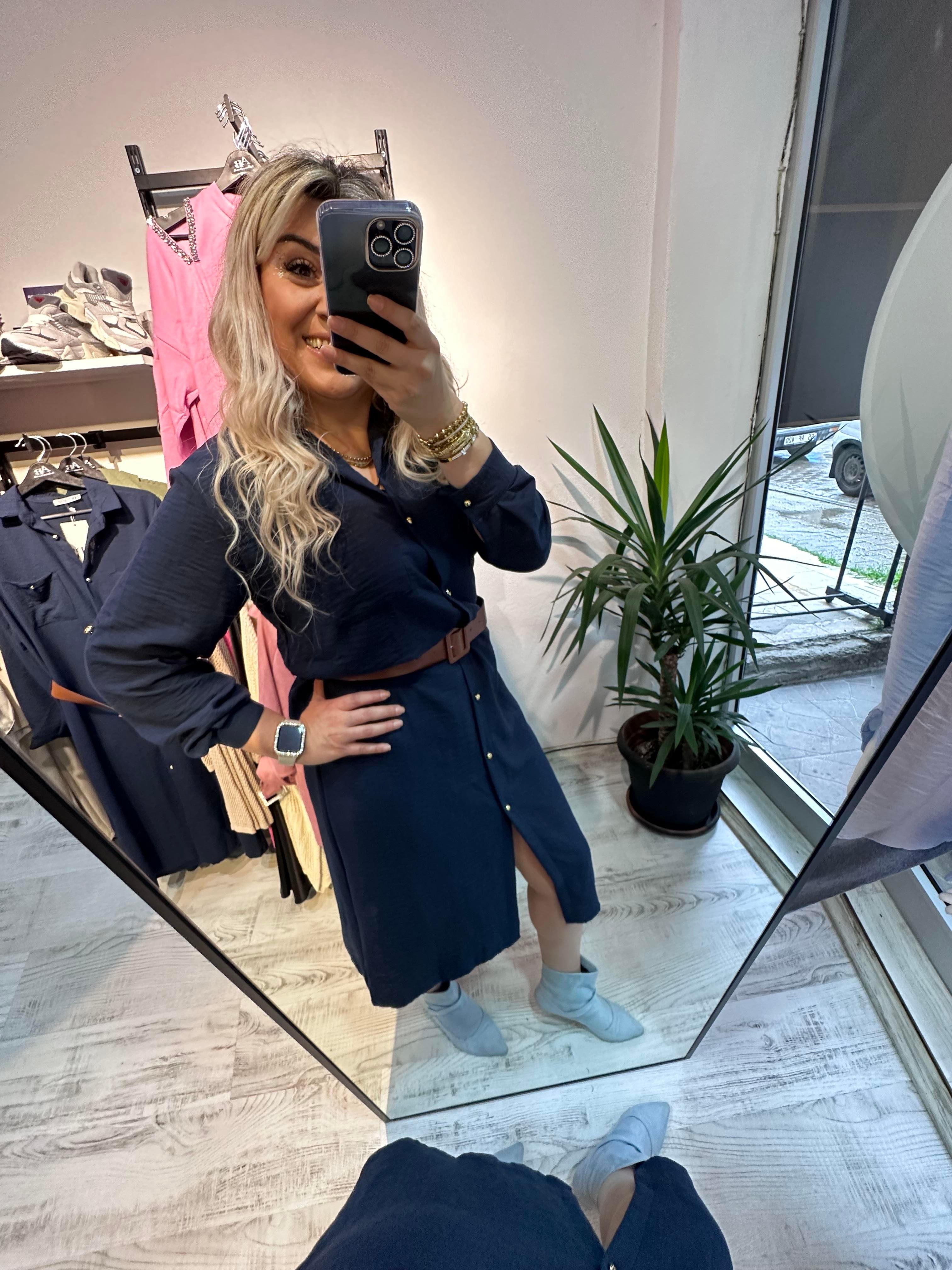 Ayrobin Keten Mrk Model Lacivert Elbise