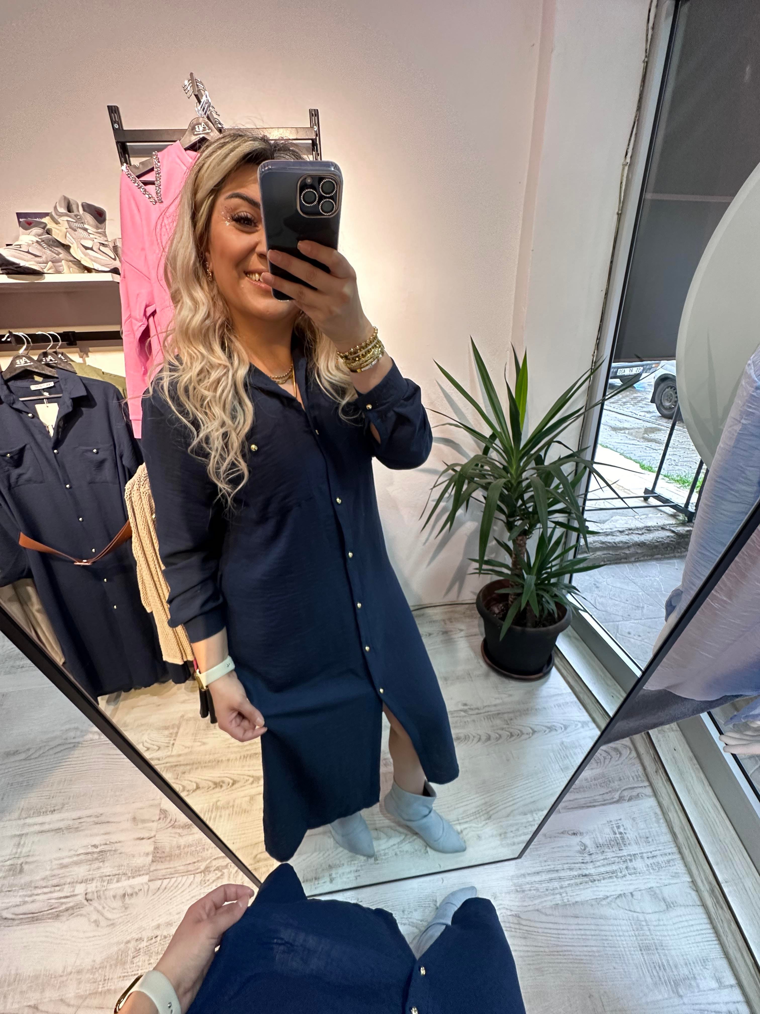 Ayrobin Keten Mrk Model Lacivert Elbise