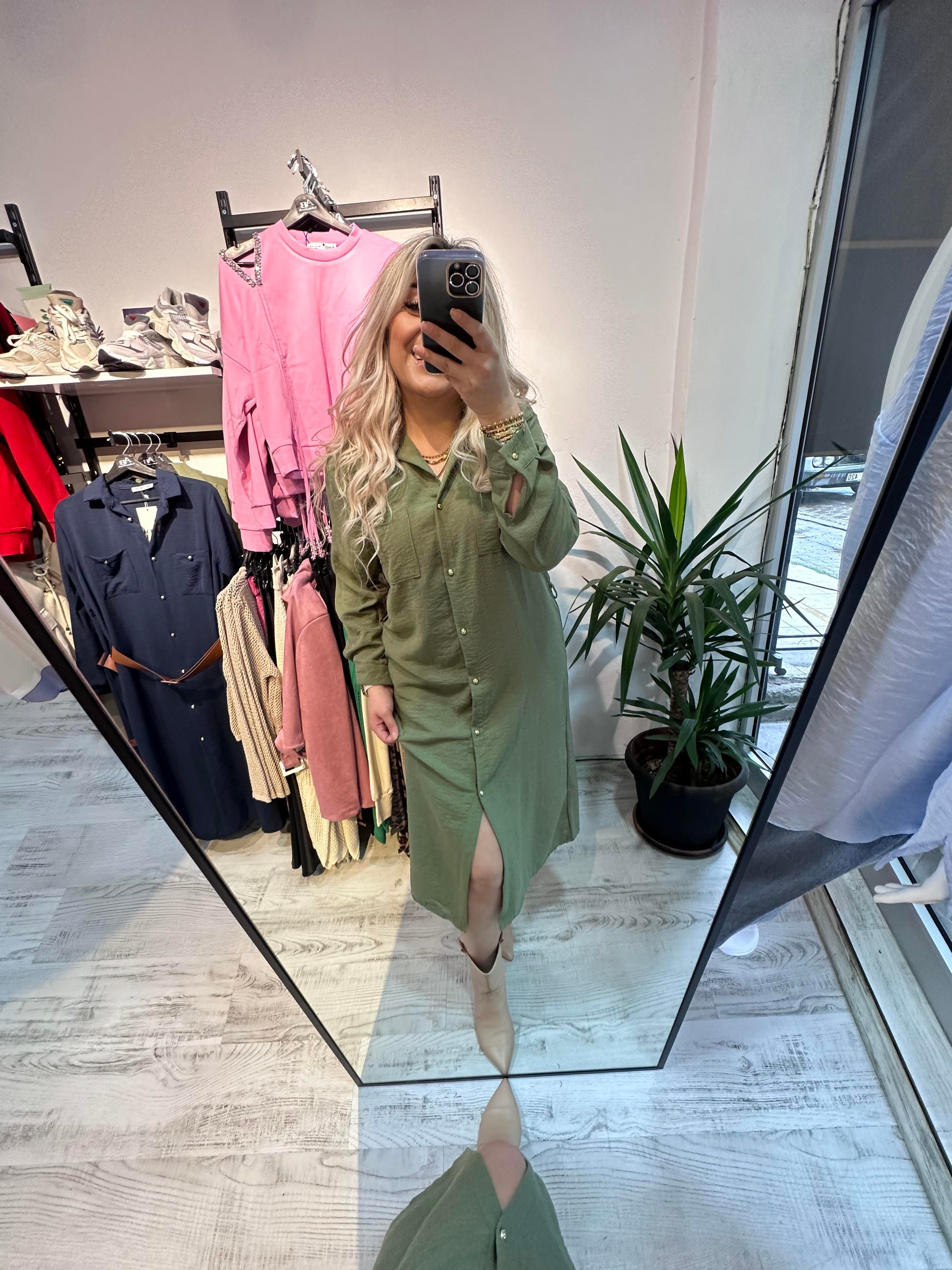 Ayrobin Keten Mrk Model Yeşil Elbise