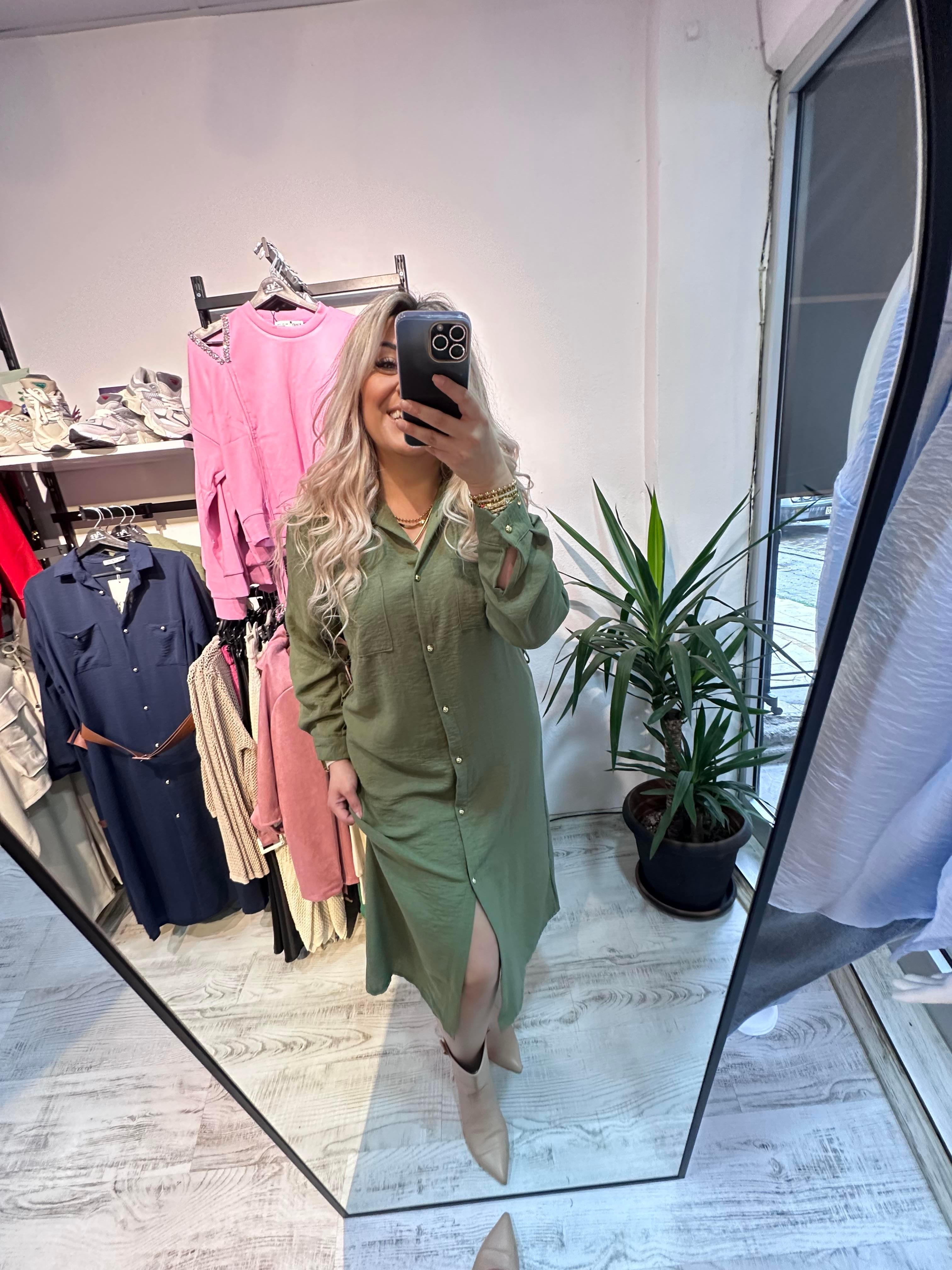 Ayrobin Keten Mrk Model Yeşil Elbise