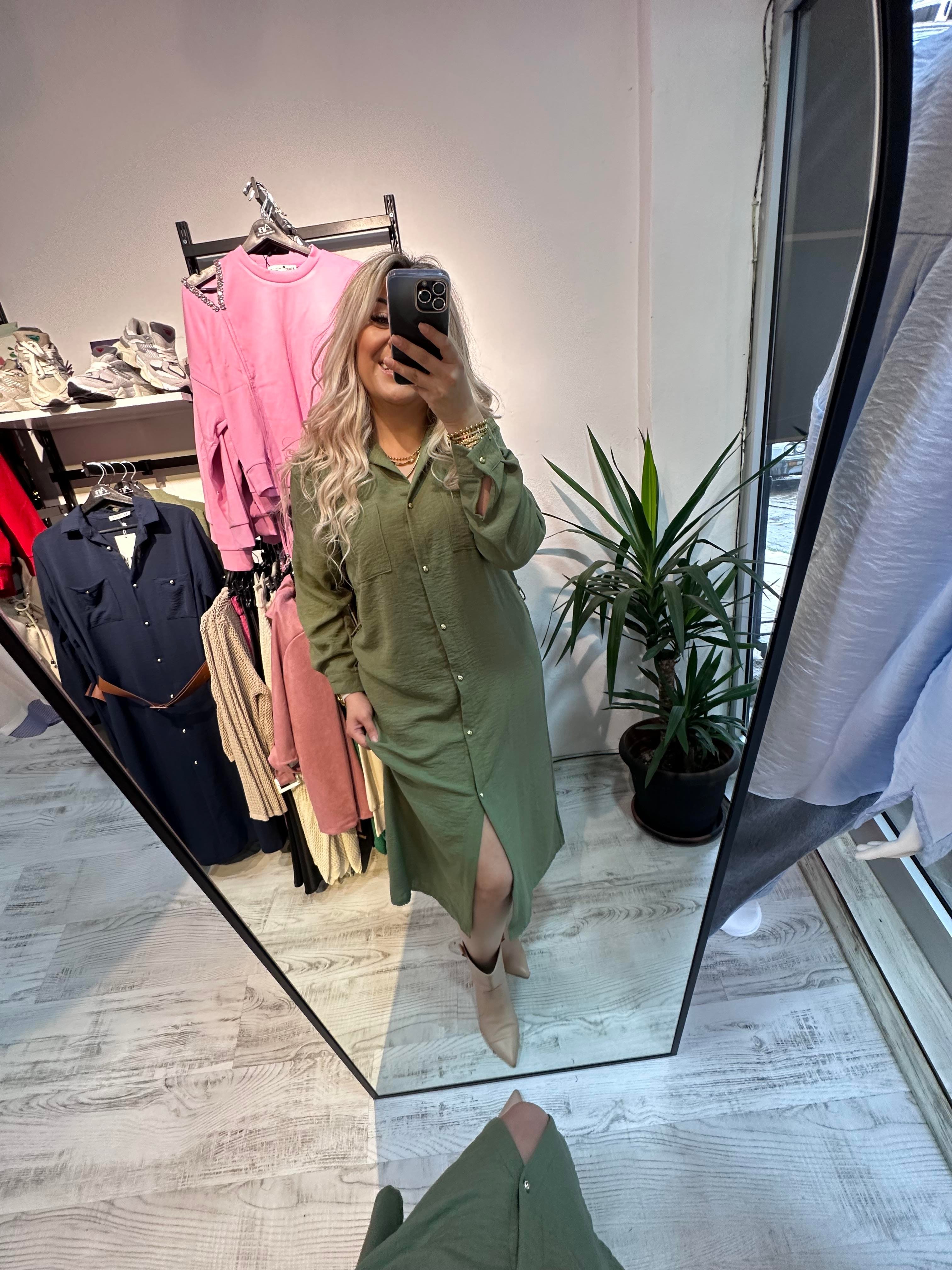 Ayrobin Keten Mrk Model Yeşil Elbise