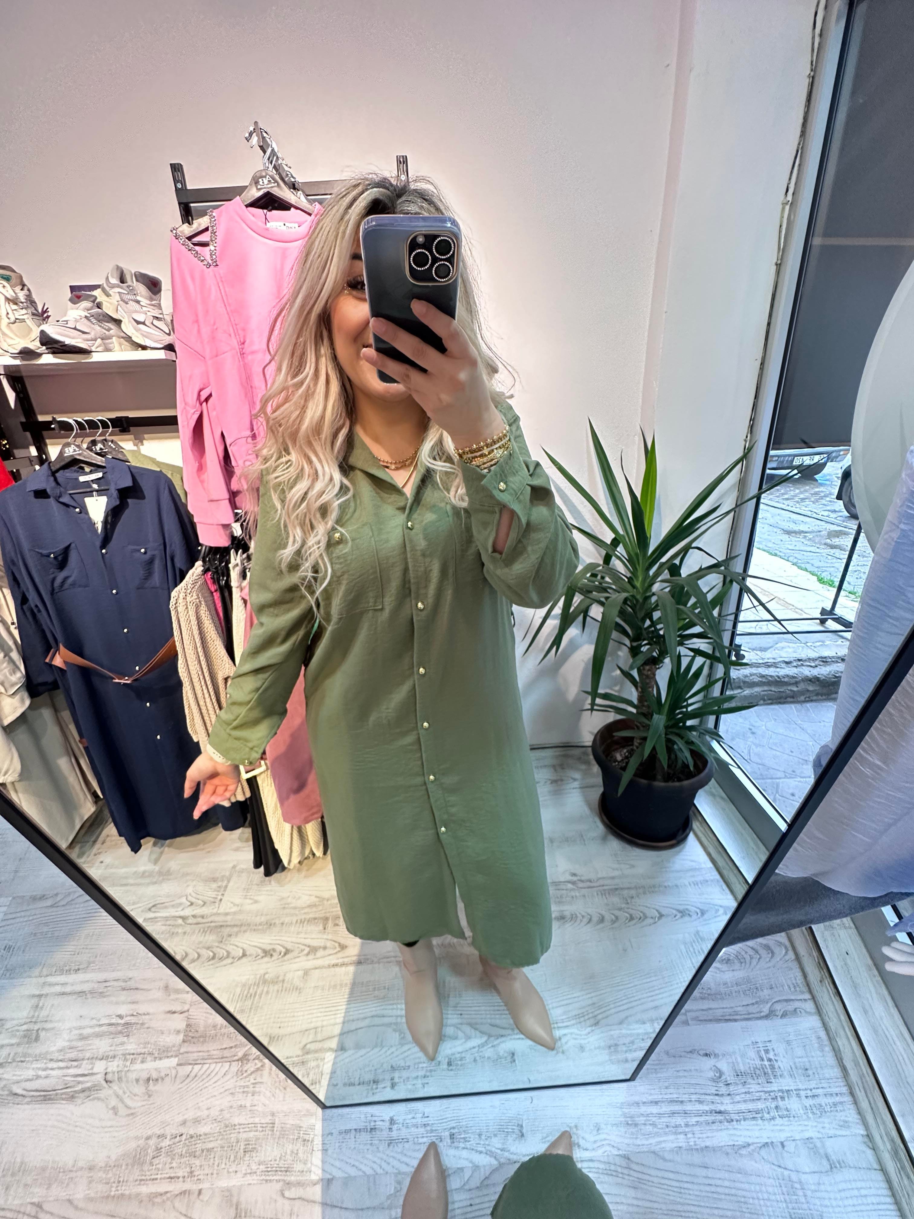 Ayrobin Keten Mrk Model Yeşil Elbise