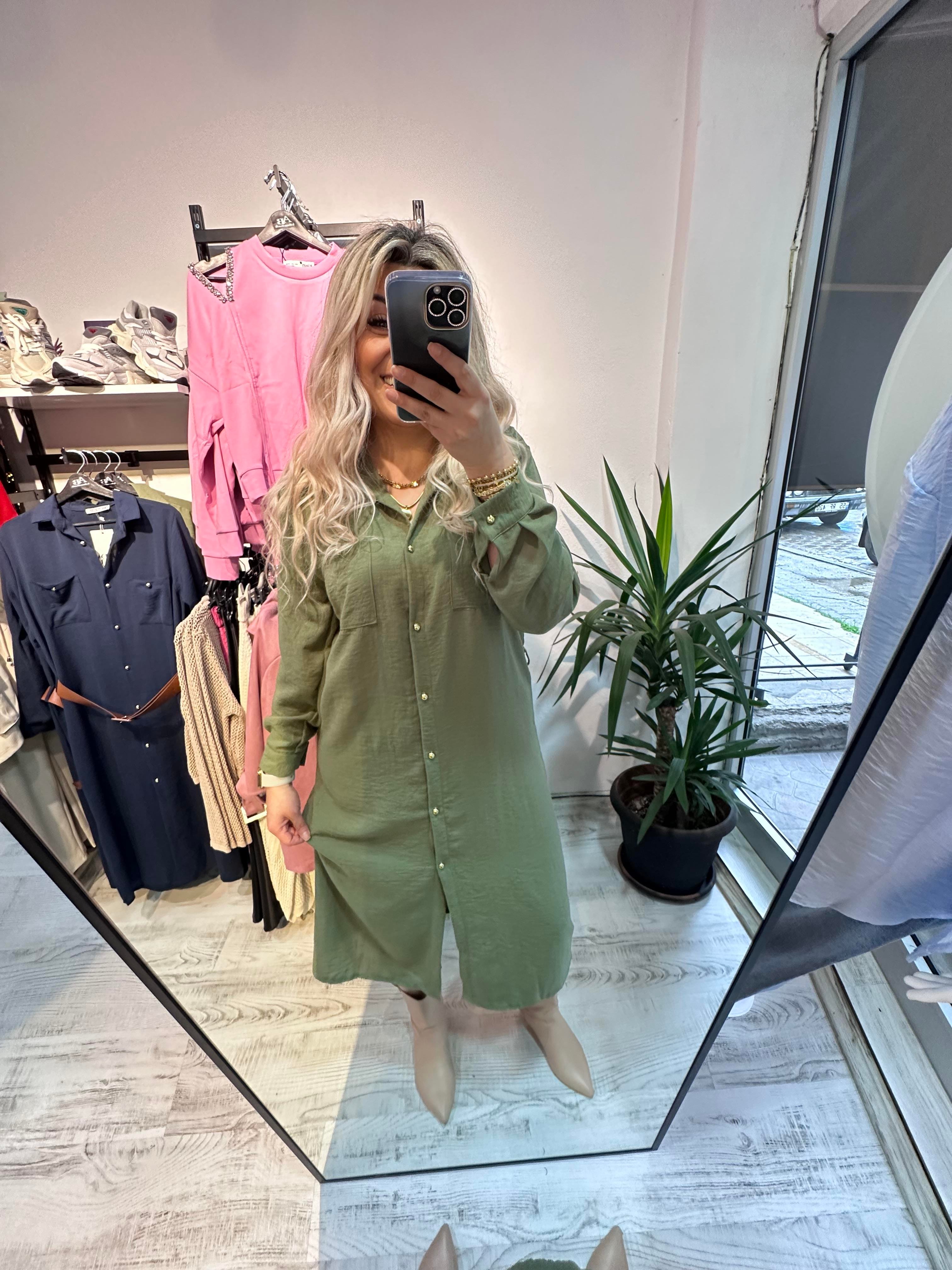 Ayrobin Keten Mrk Model Yeşil Elbise