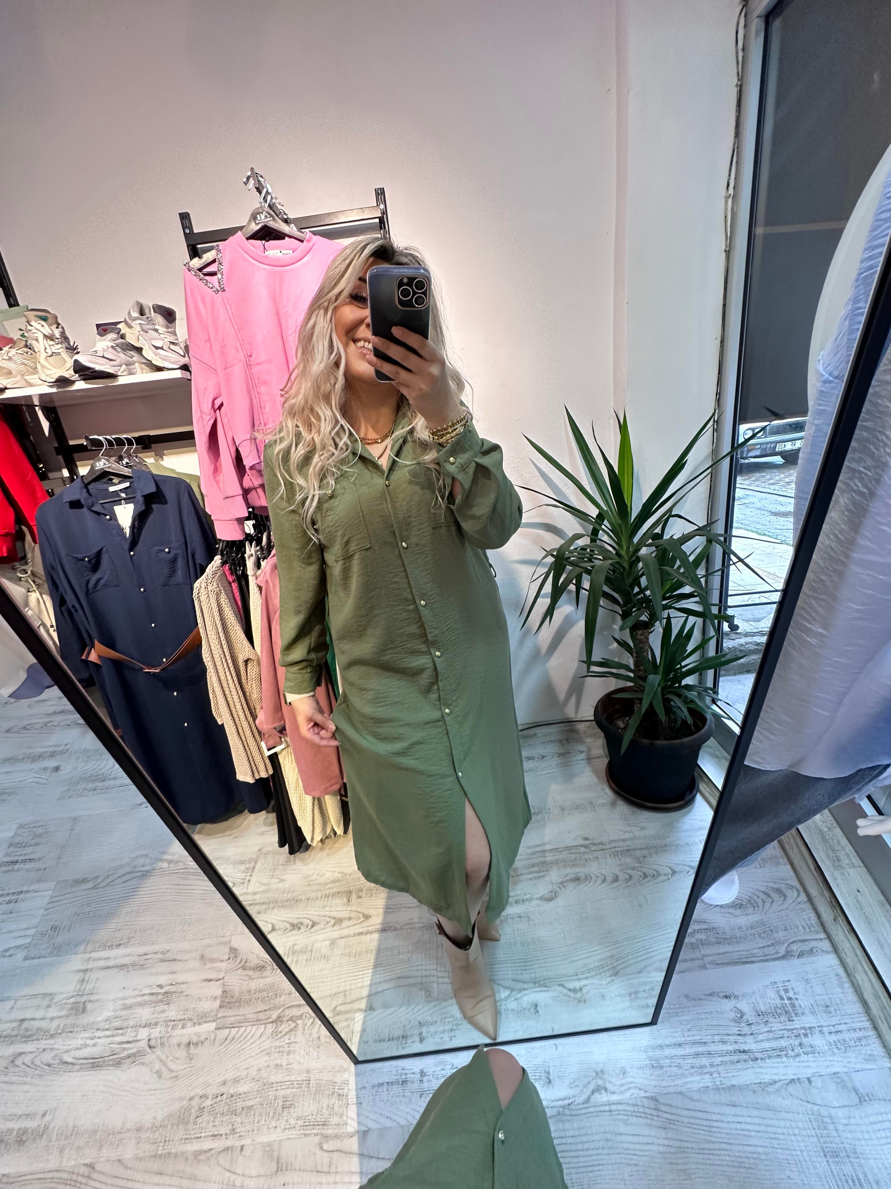 Ayrobin Keten Mrk Model Yeşil Elbise