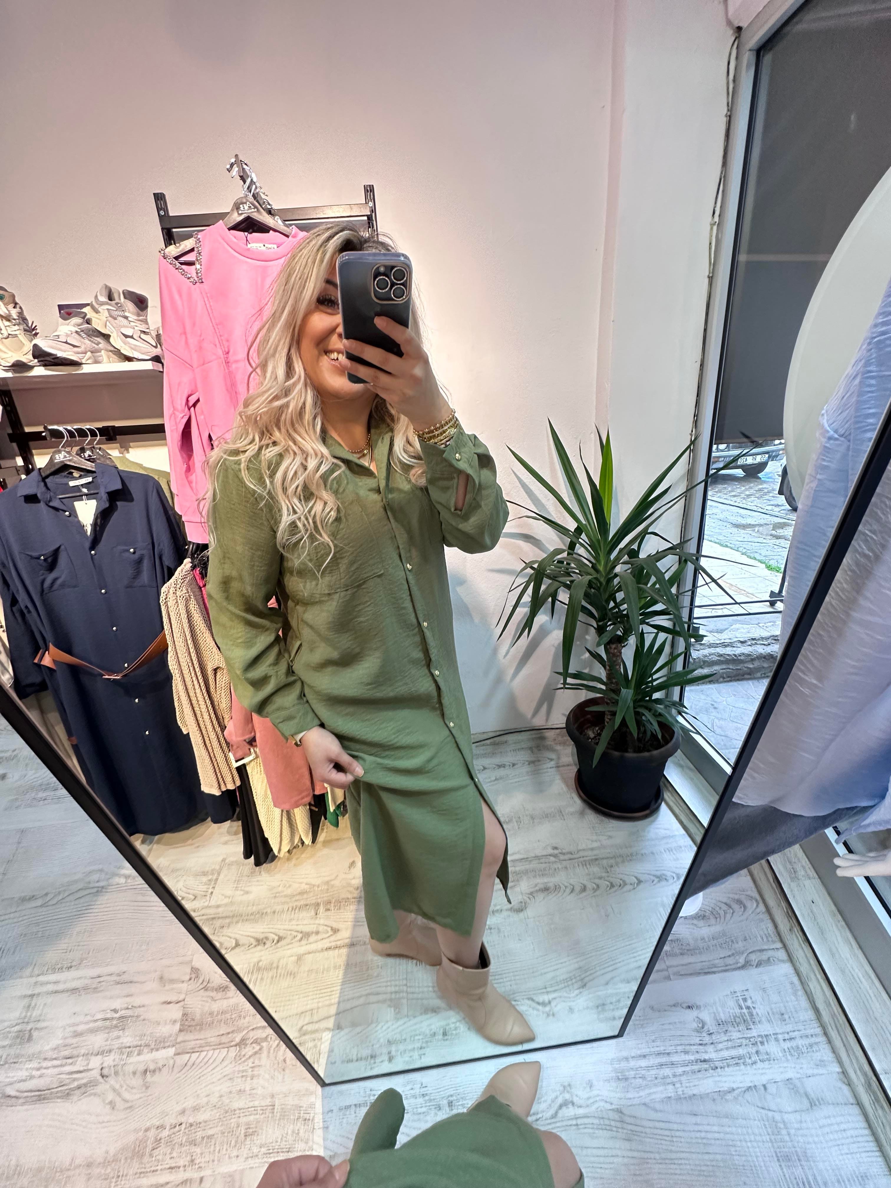 Ayrobin Keten Mrk Model Yeşil Elbise