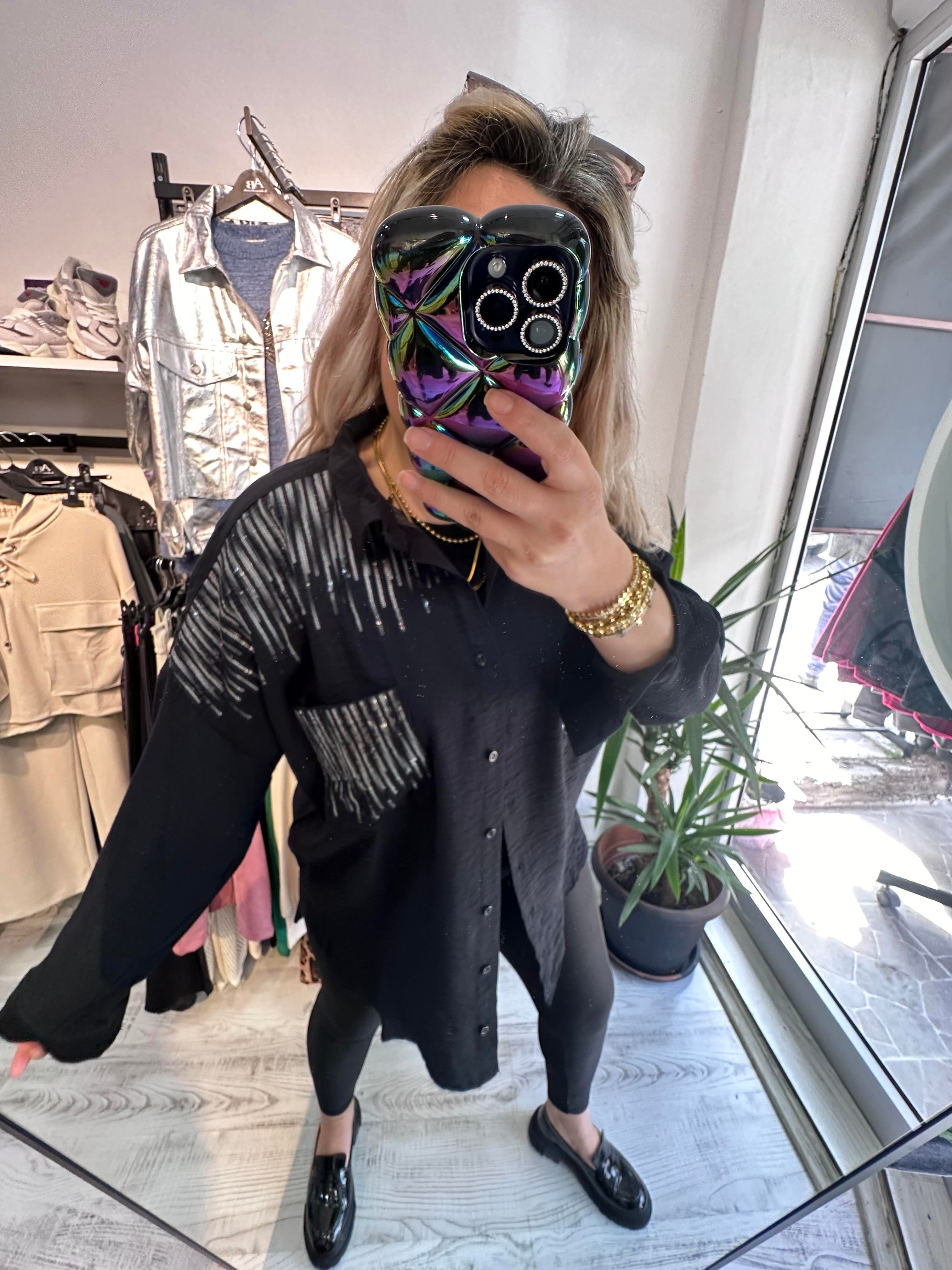 Ayrobin Kumaş Gri Pullu Siyah Gömlek