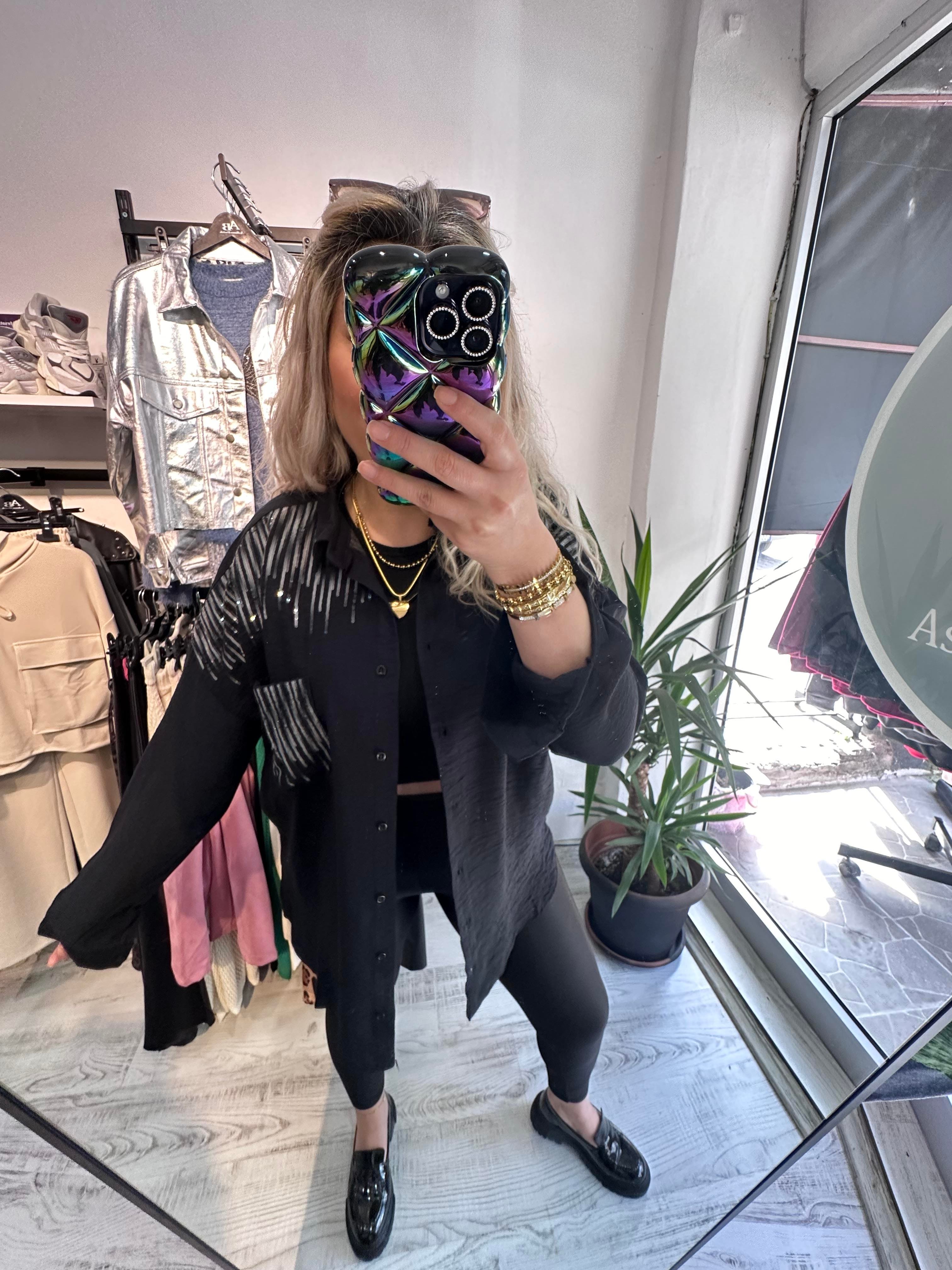 Ayrobin Kumaş Gri Pullu Siyah Gömlek