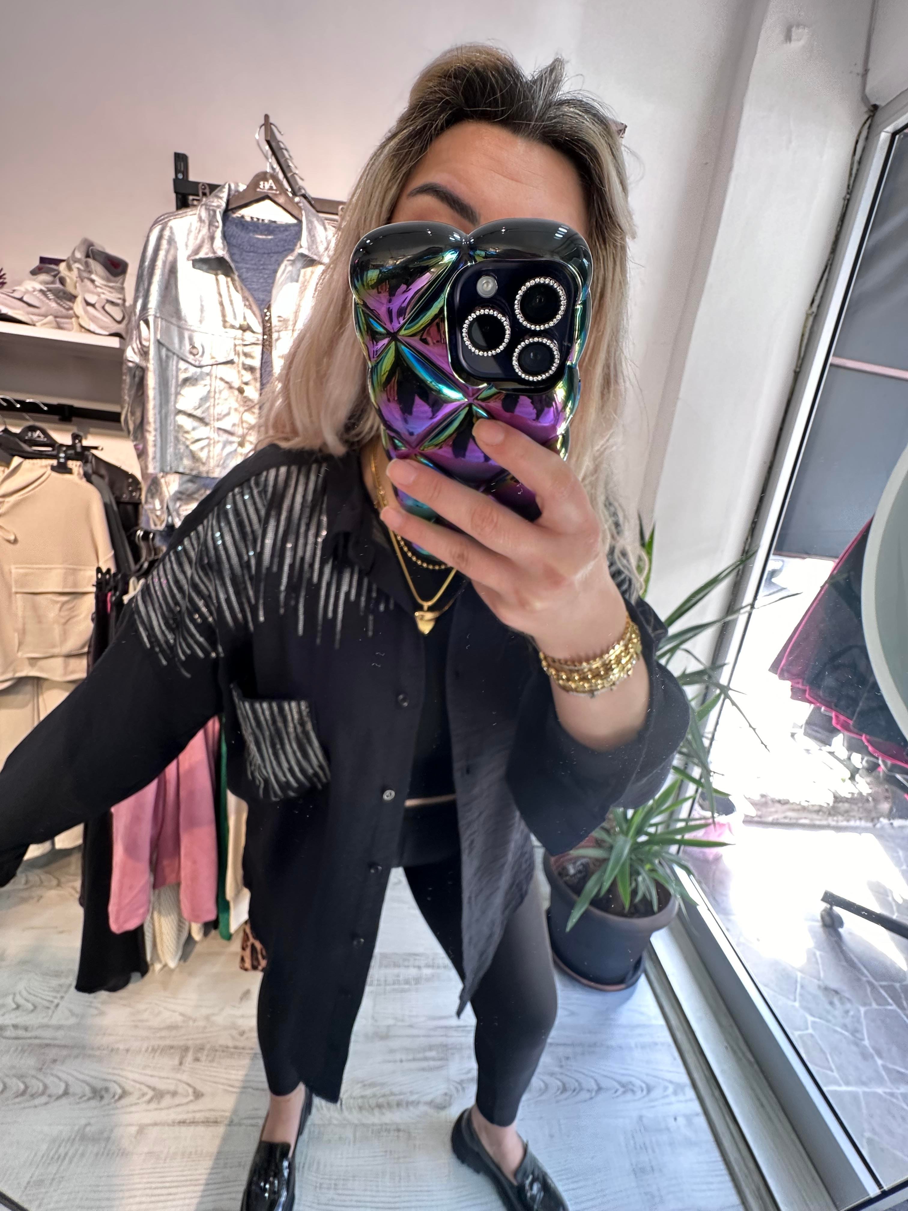 Ayrobin Kumaş Gri Pullu Siyah Gömlek