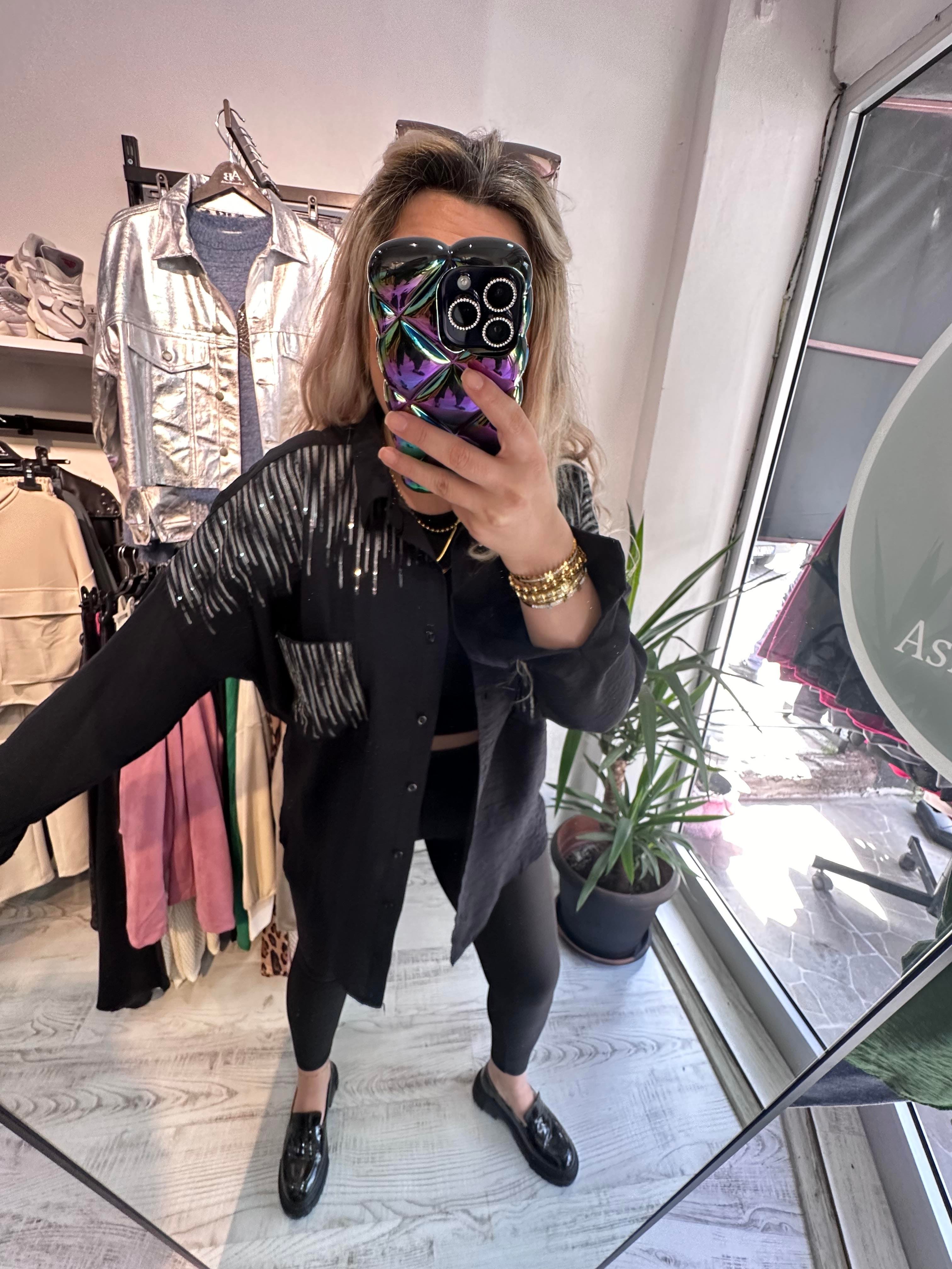 Ayrobin Kumaş Gri Pullu Siyah Gömlek