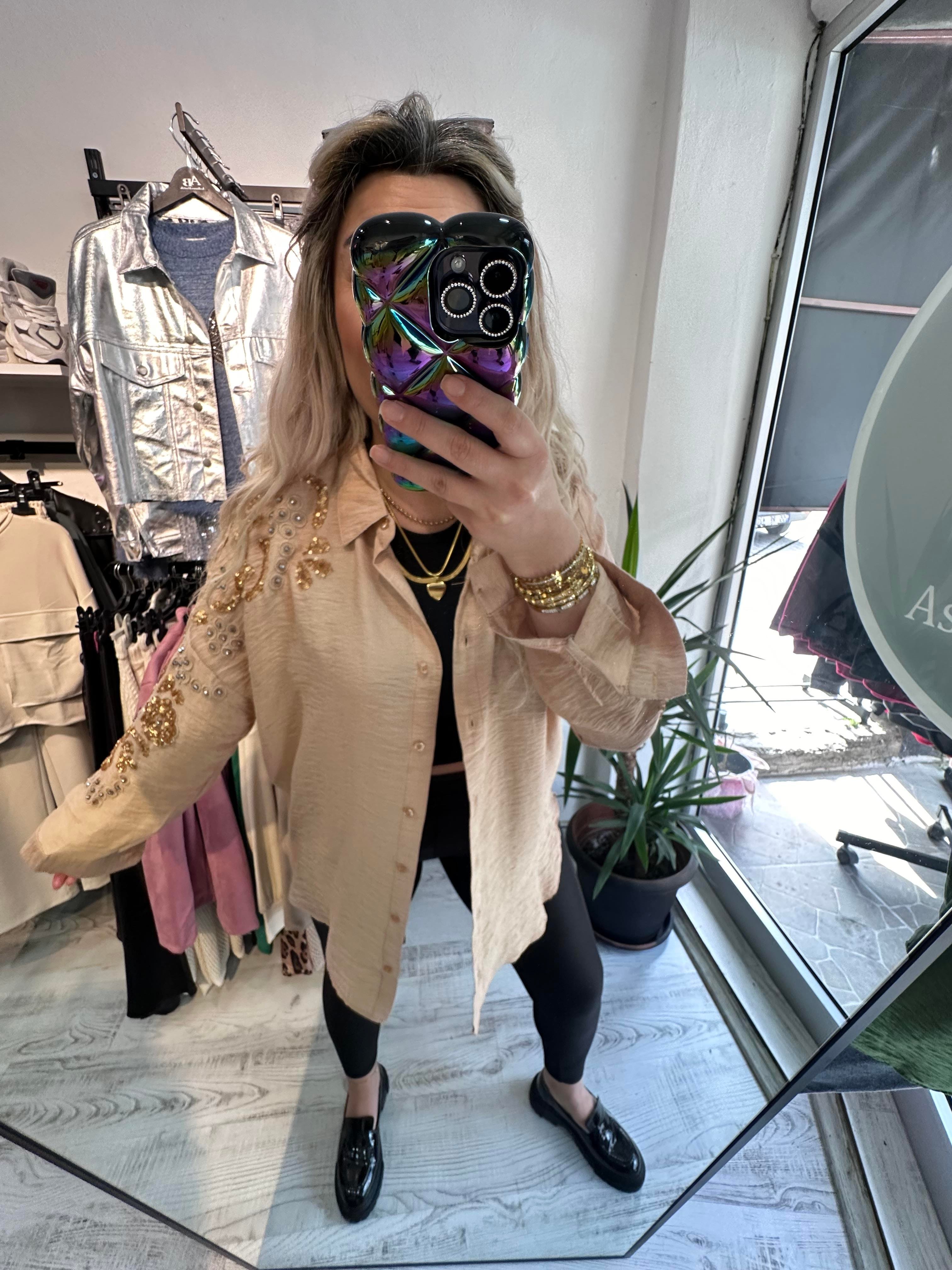 Ayrobin Kumaş Vizon Pullu Gömlek