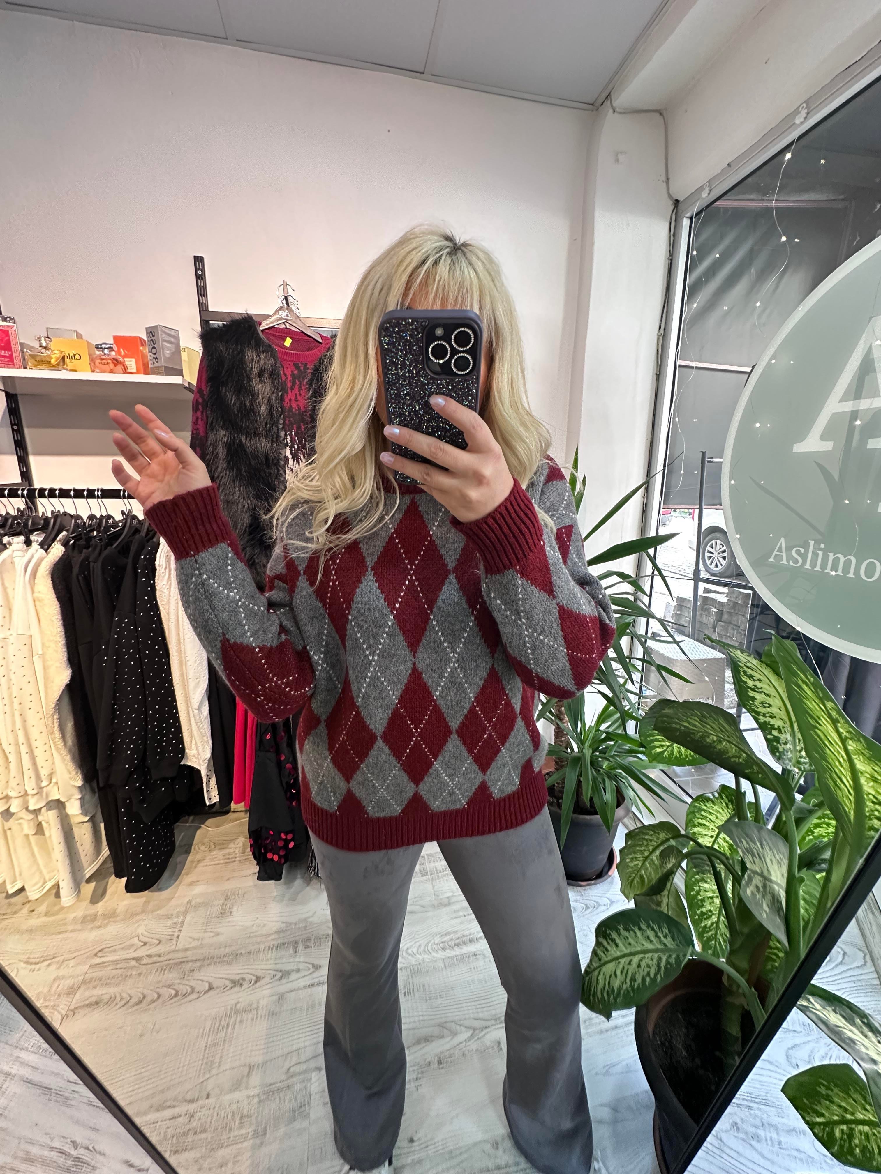 Baklava Desen Premium Kalite Şardonlu Bordo Kazak