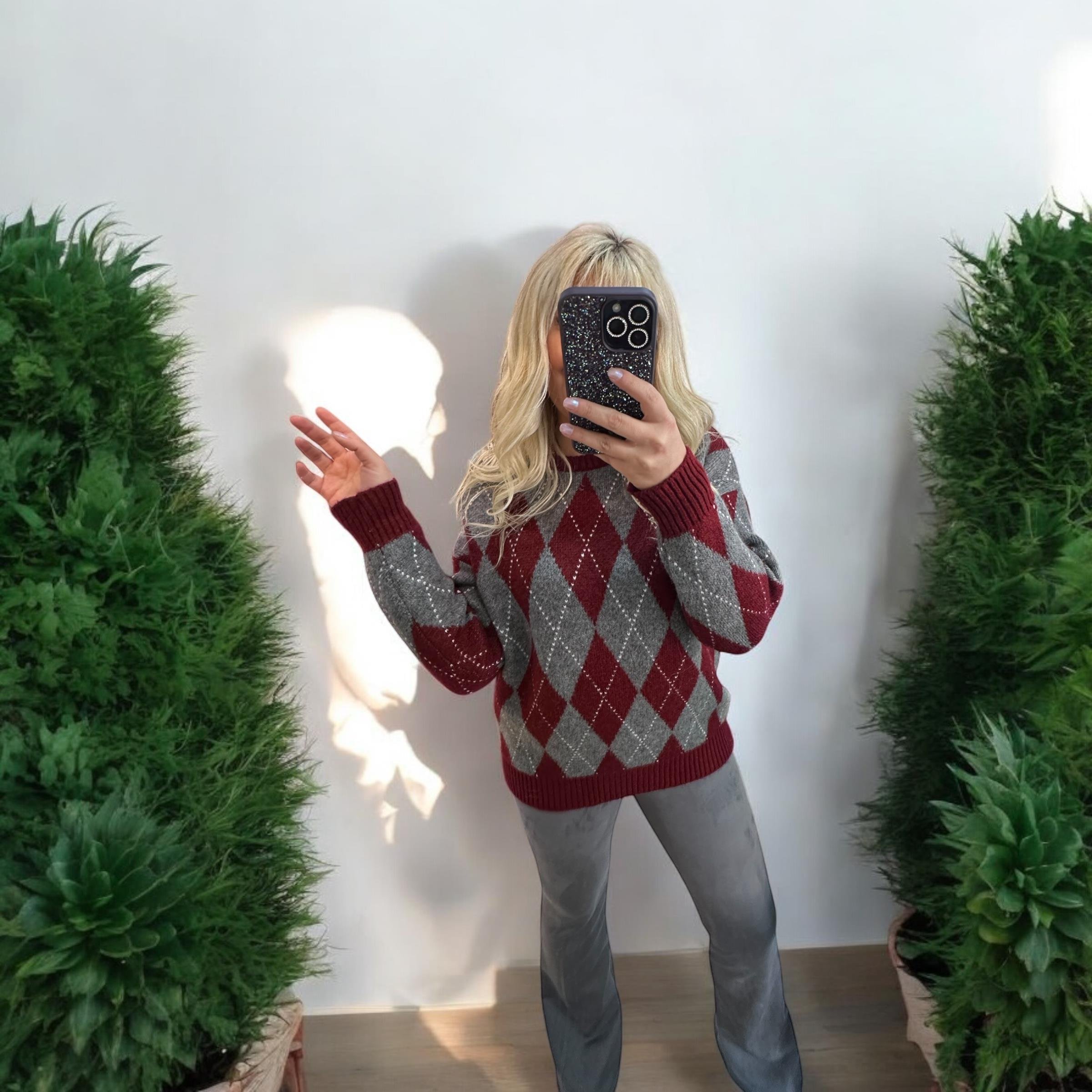 Baklava Desen Premium Kalite Şardonlu Bordo Kazak