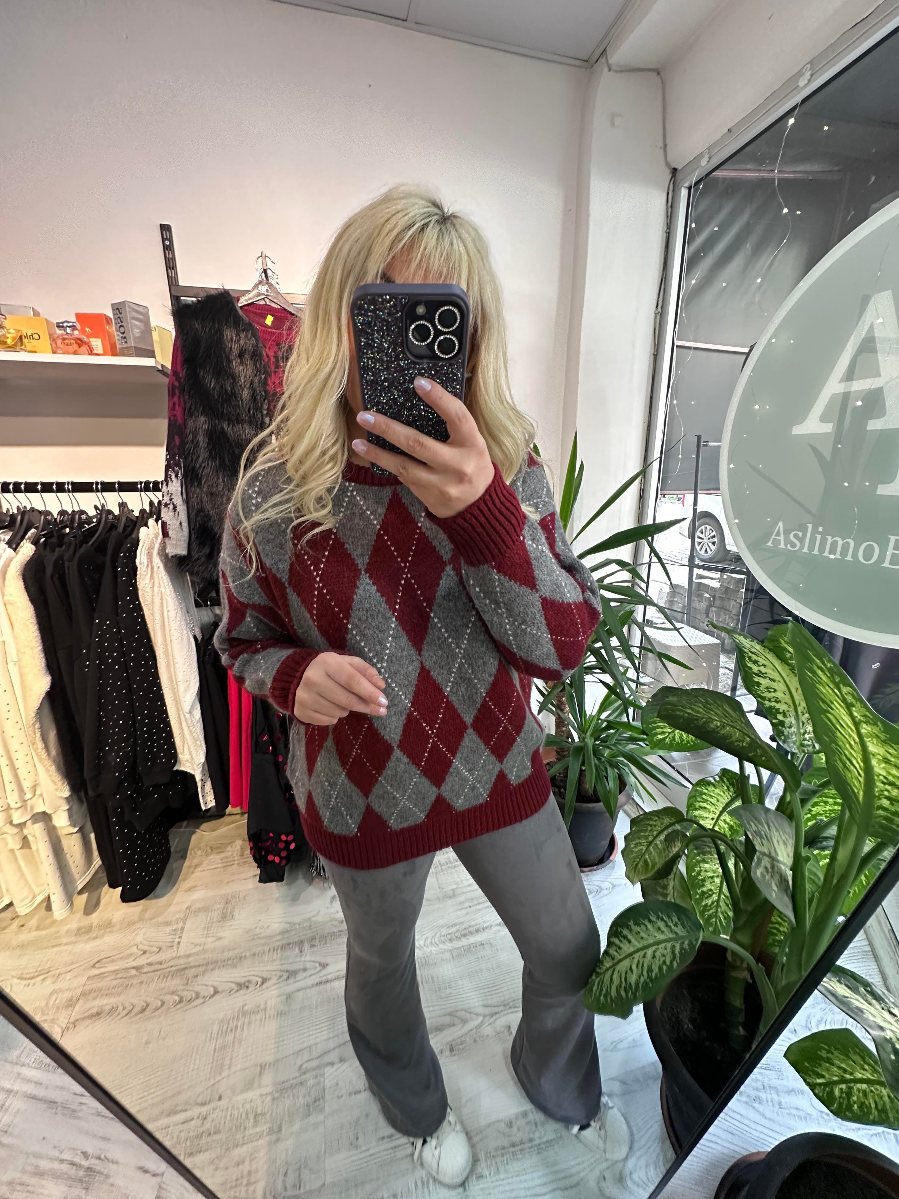 Baklava Desen Premium Kalite Şardonlu Bordo Kazak