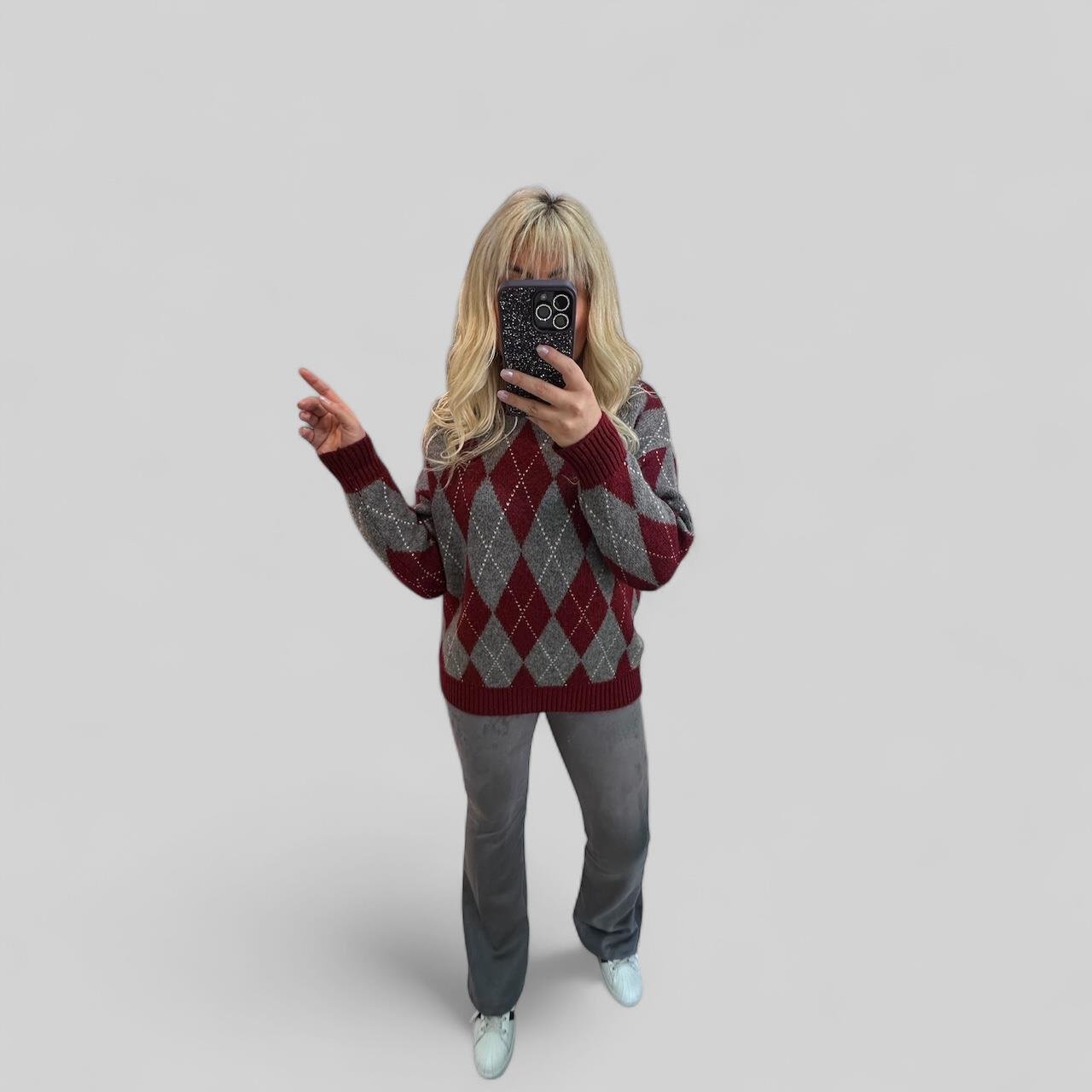 Baklava Desen Premium Kalite Şardonlu Bordo Kazak