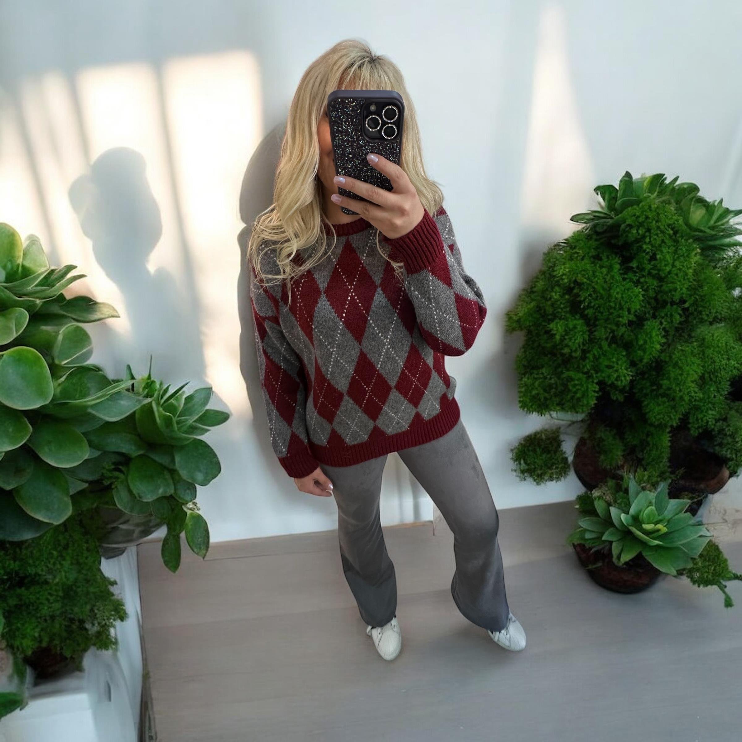 Baklava Desen Premium Kalite Şardonlu Bordo Kazak