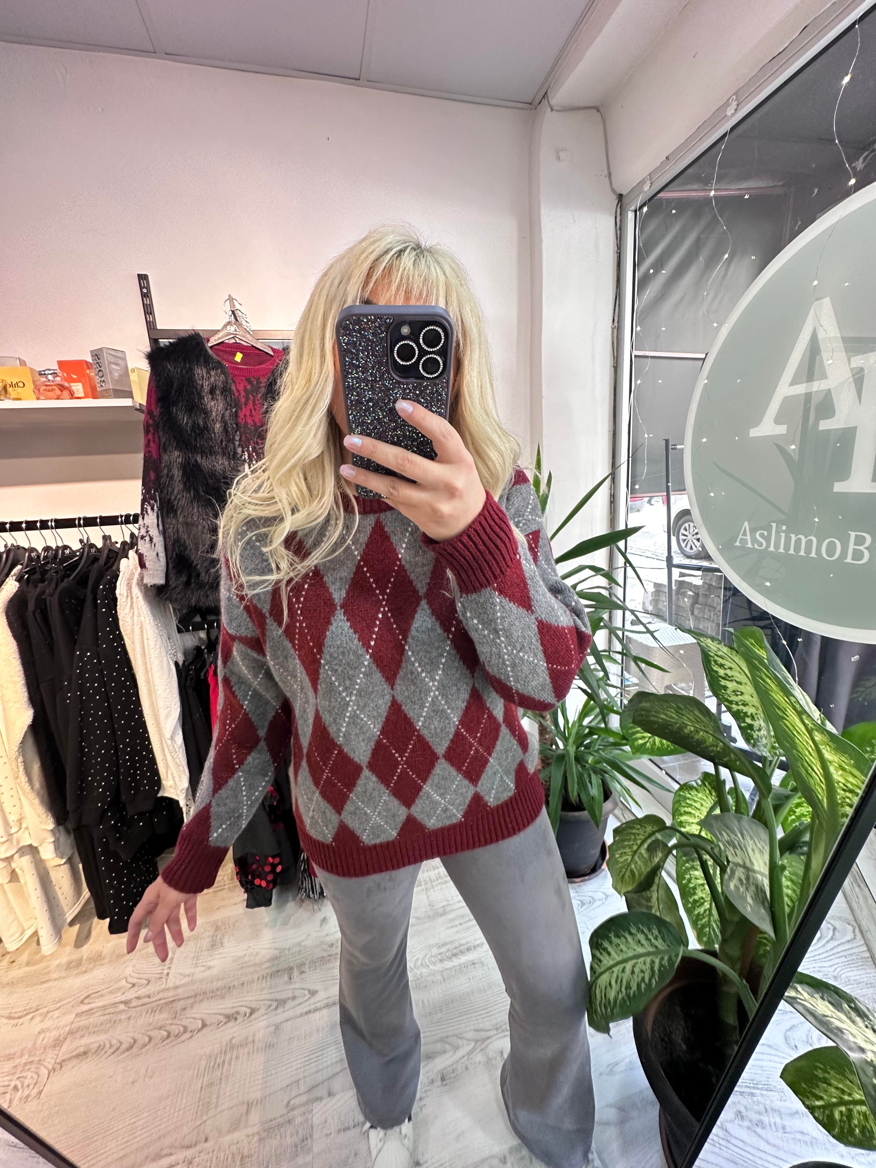 Baklava Desen Premium Kalite Şardonlu Bordo Kazak