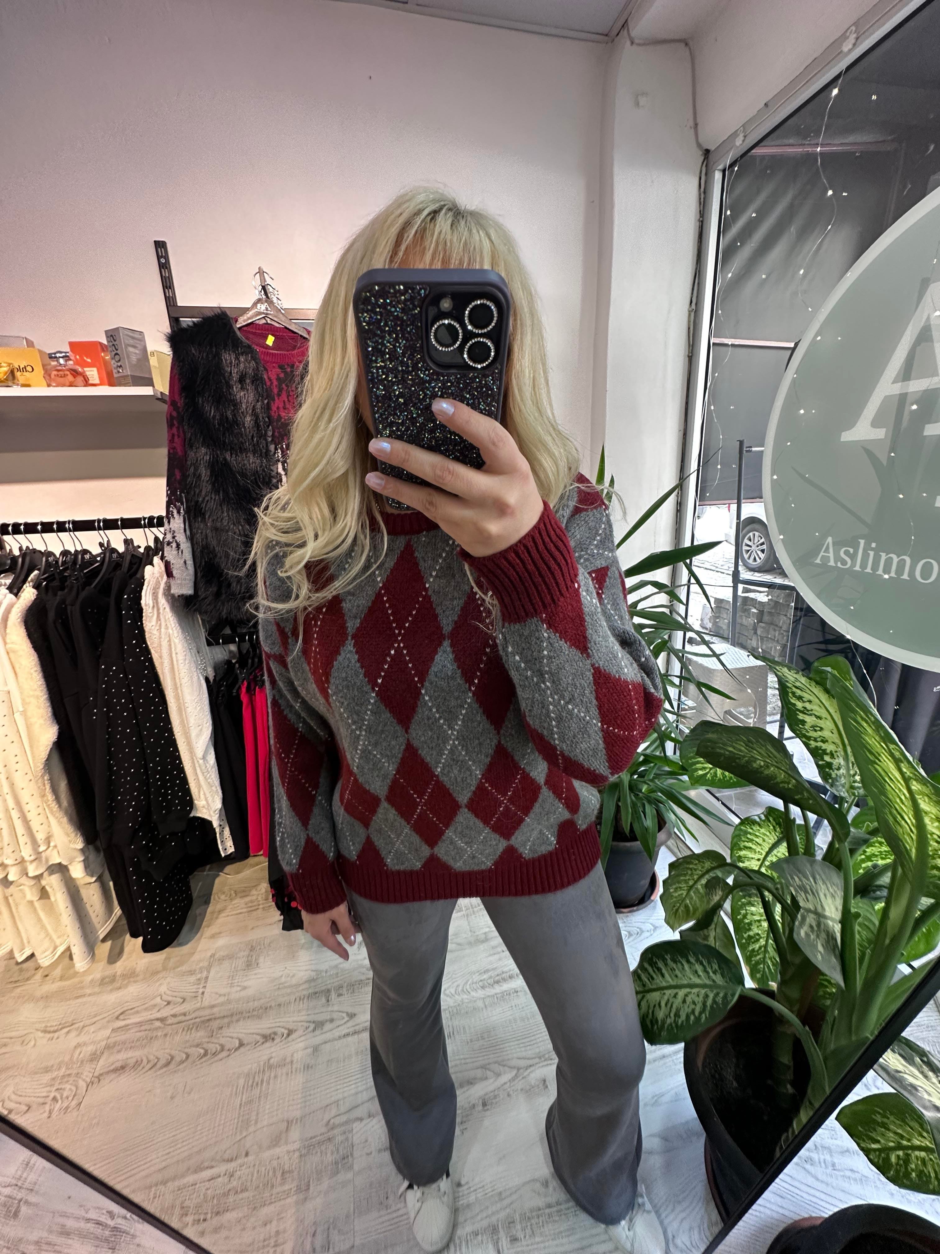 Baklava Desen Premium Kalite Şardonlu Bordo Kazak