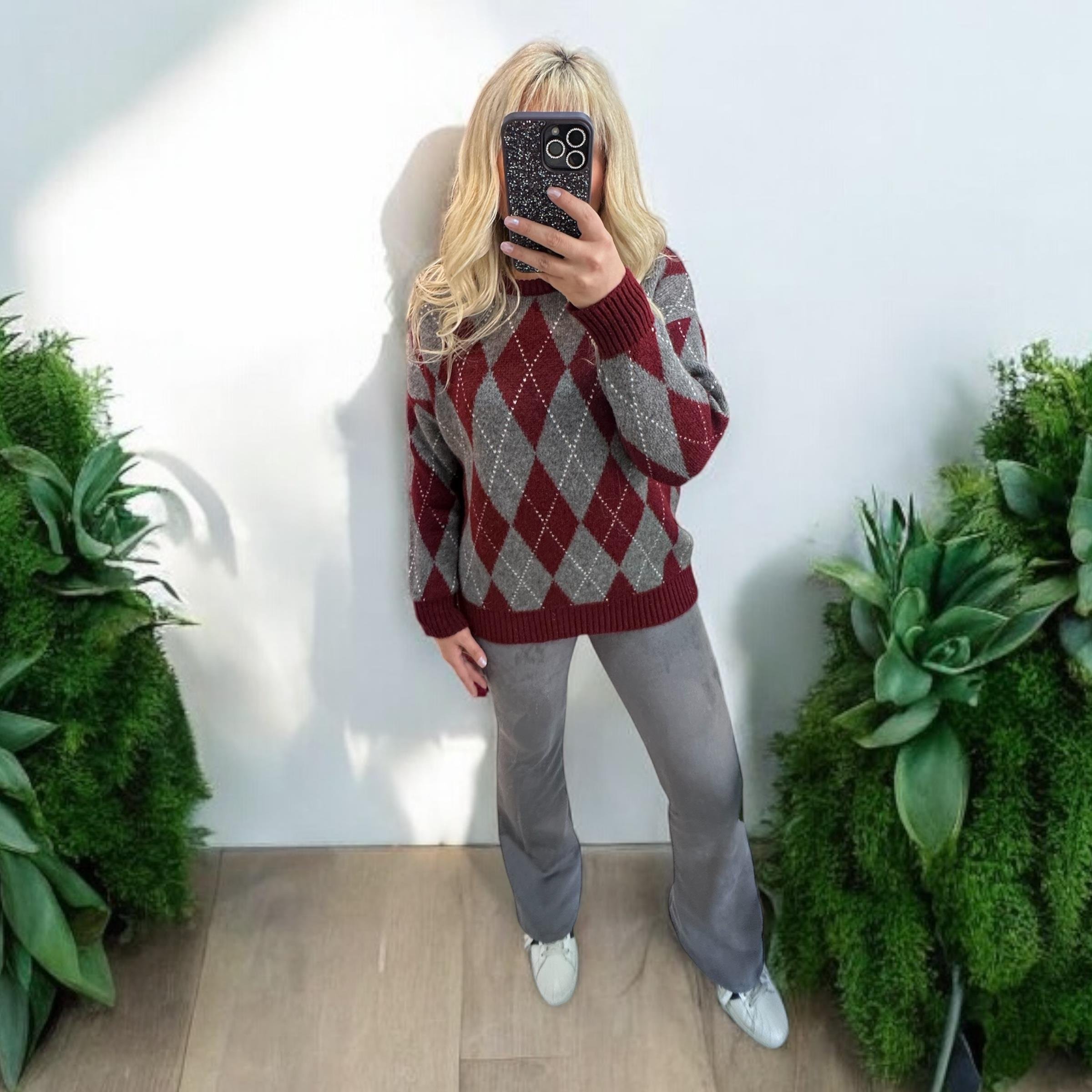 Baklava Desen Premium Kalite Şardonlu Bordo Kazak