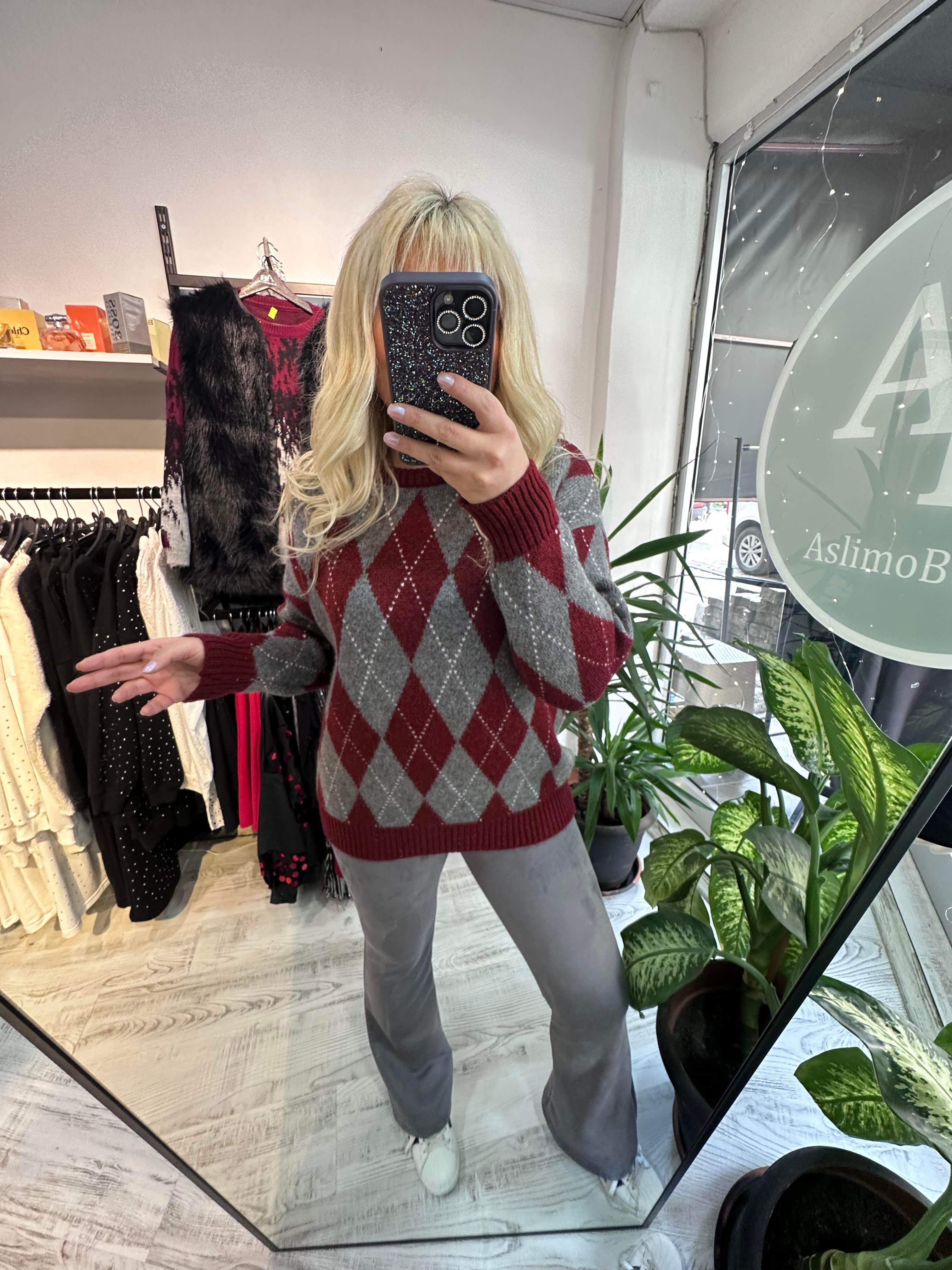 Baklava Desen Premium Kalite Şardonlu Bordo Kazak