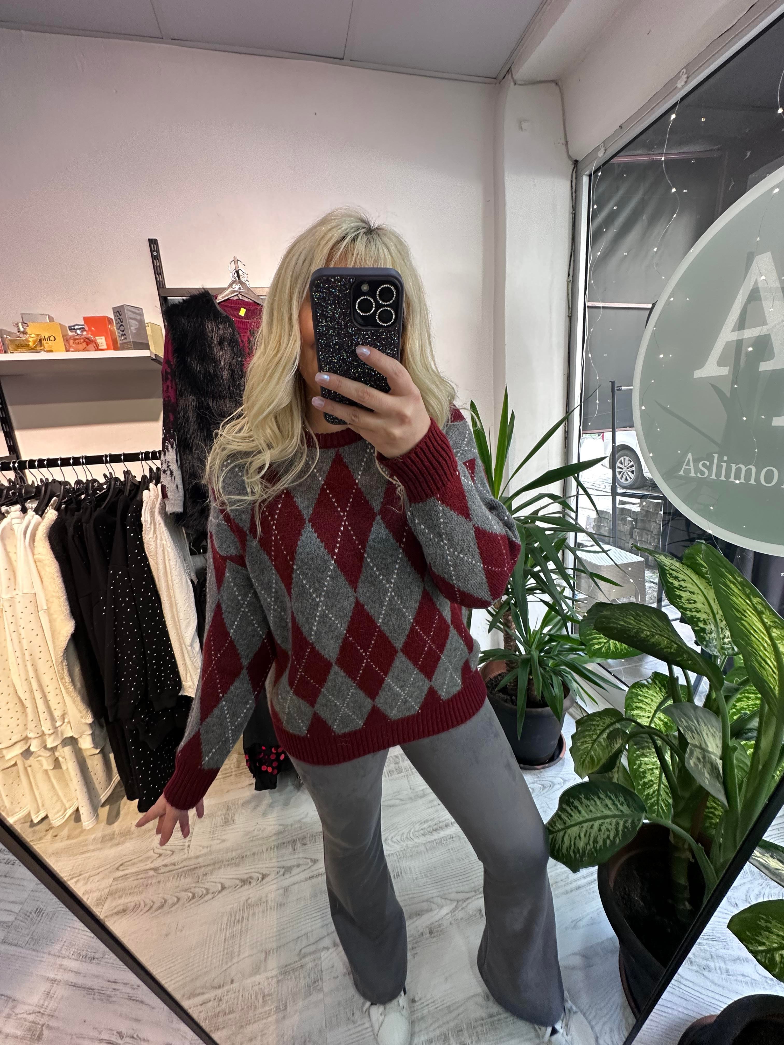 Baklava Desen Premium Kalite Şardonlu Bordo Kazak