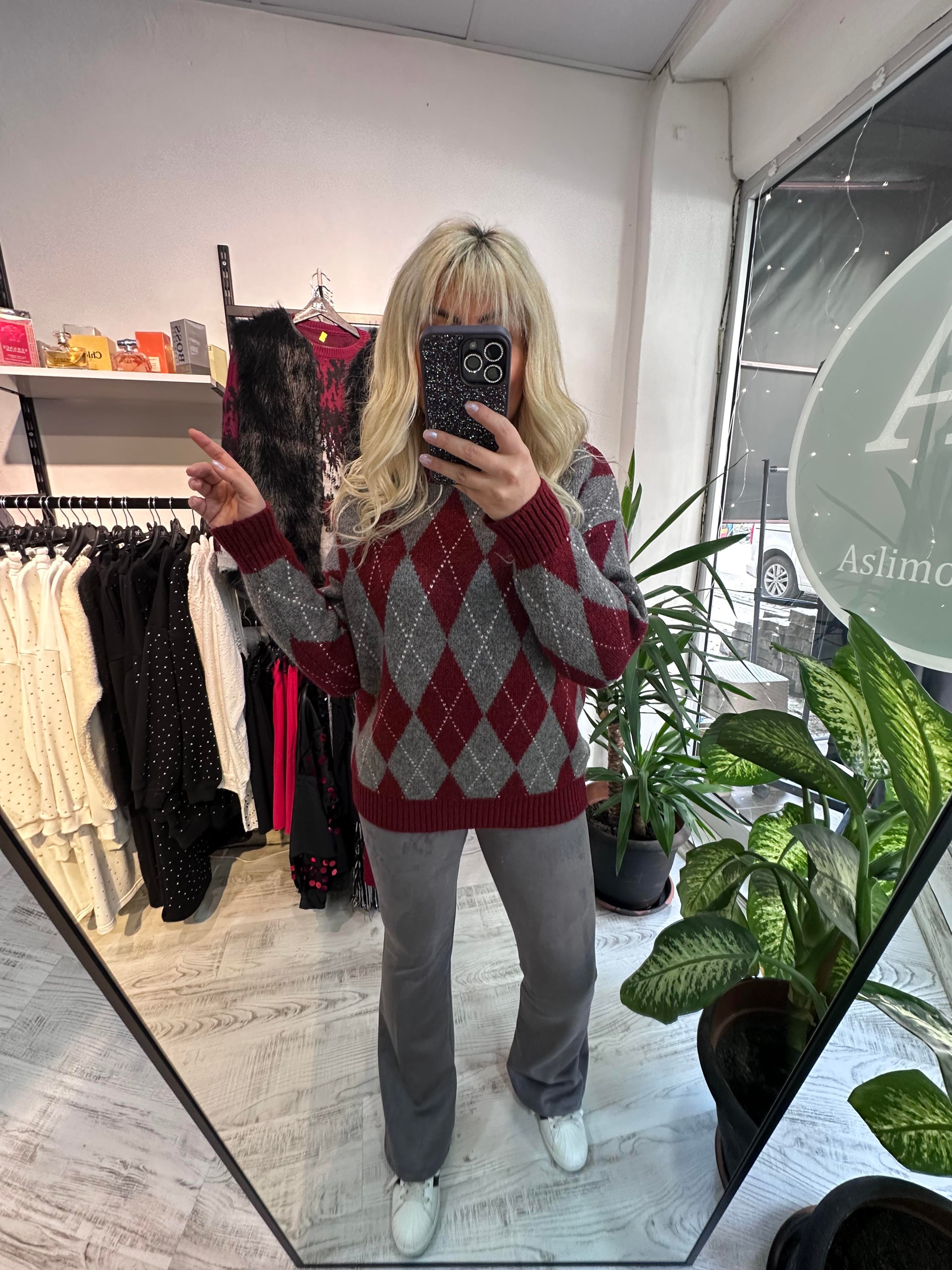 Baklava Desen Premium Kalite Şardonlu Bordo Kazak