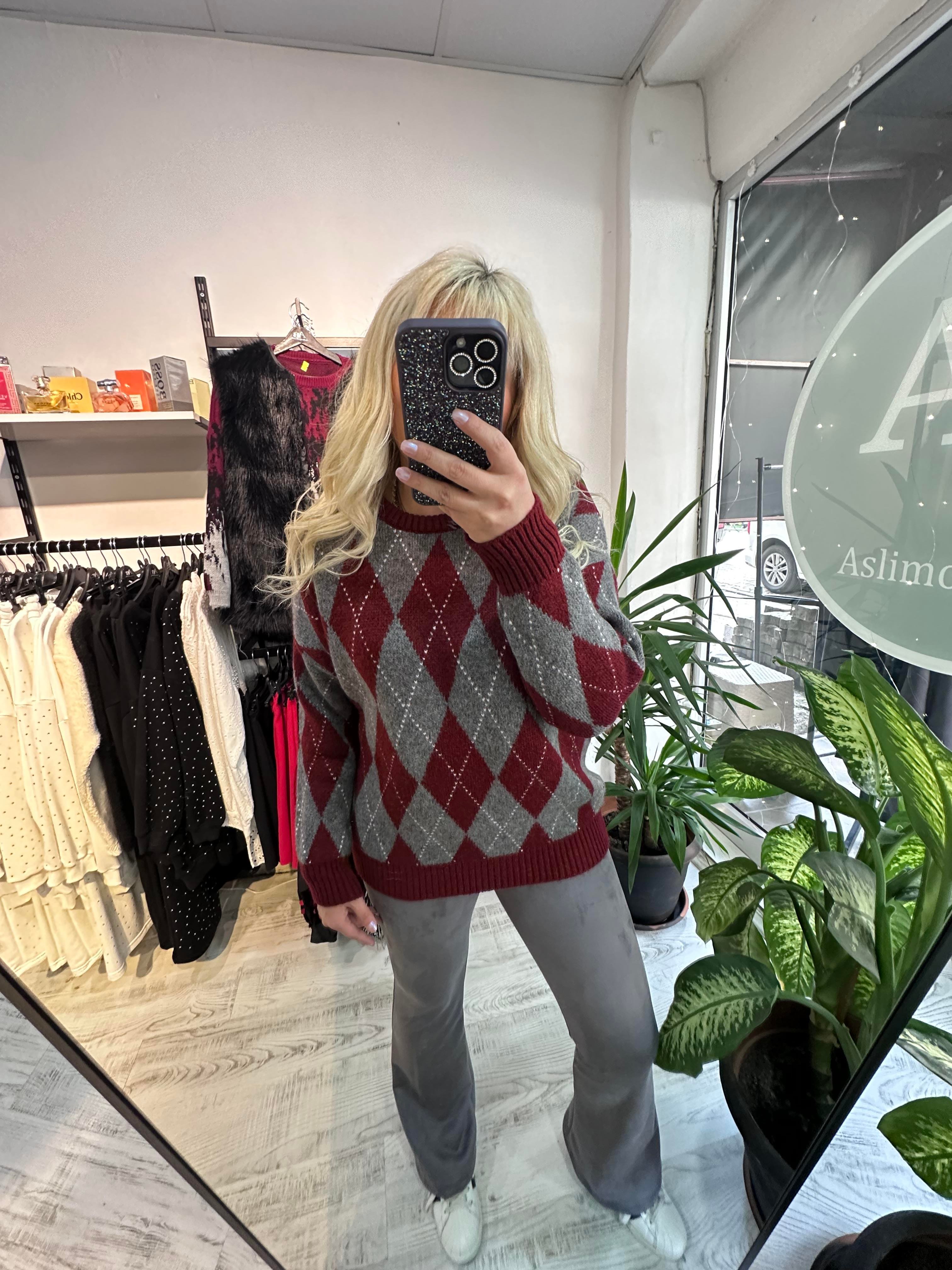 Baklava Desen Premium Kalite Şardonlu Bordo Kazak