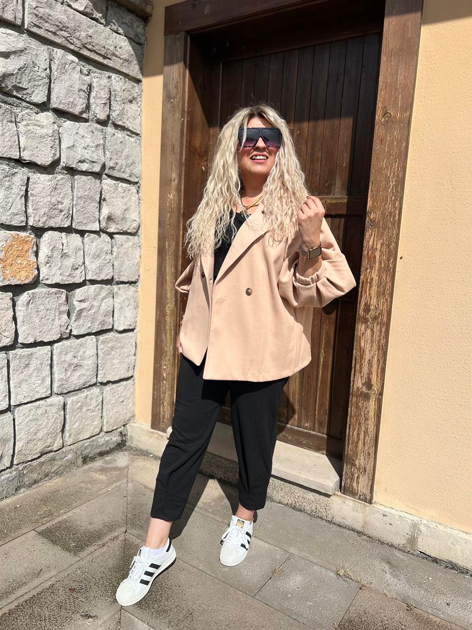 Bej Balon Kol Kısa Kaban