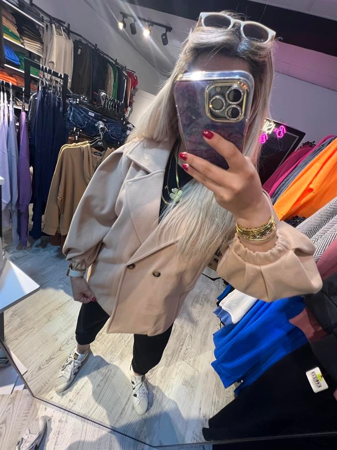 Bej Balon Kol Kısa Kaban