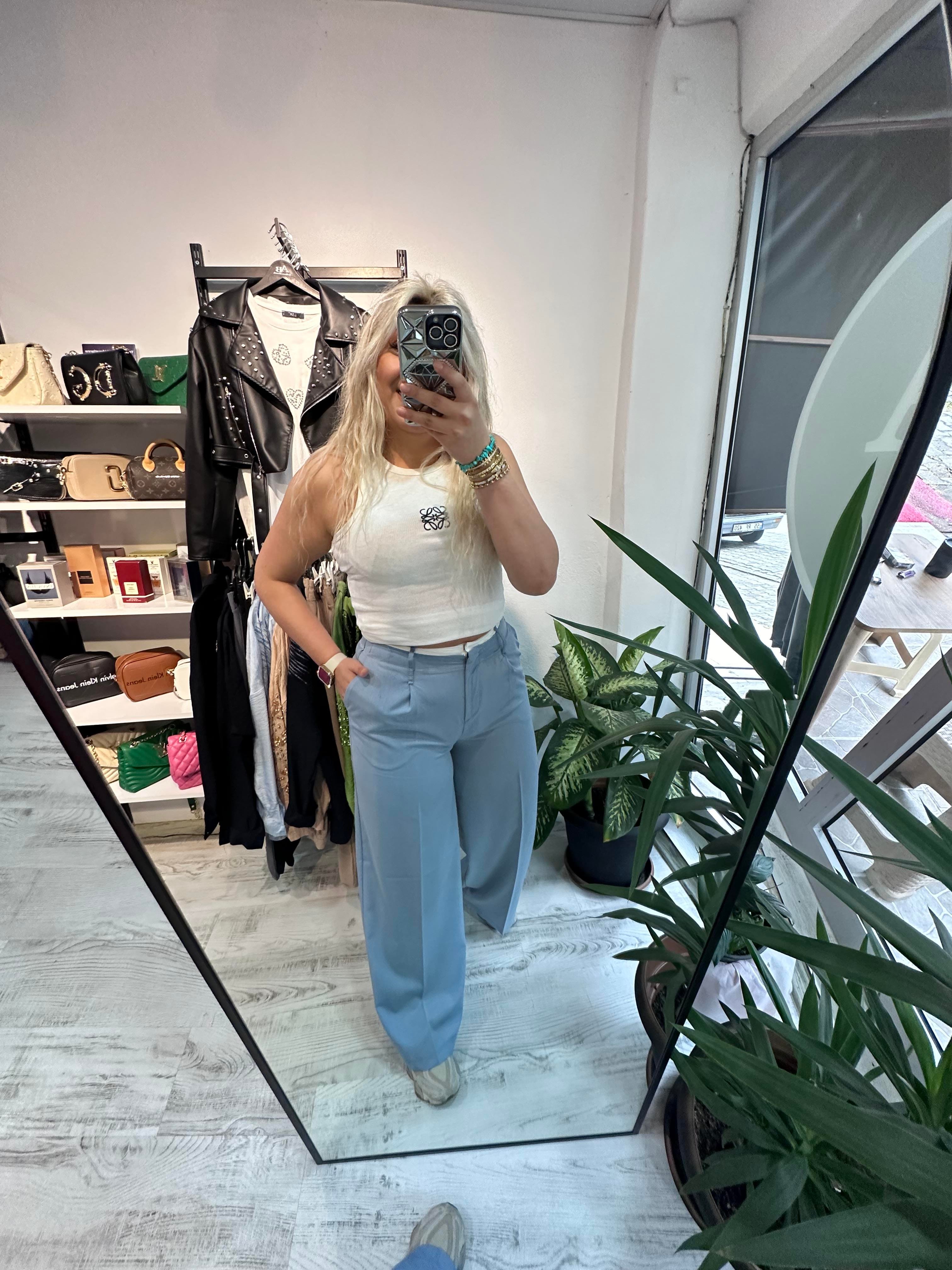 Beli Şeritli Viskon Kumaş Bebe Mavisi Palazzo Pantolon