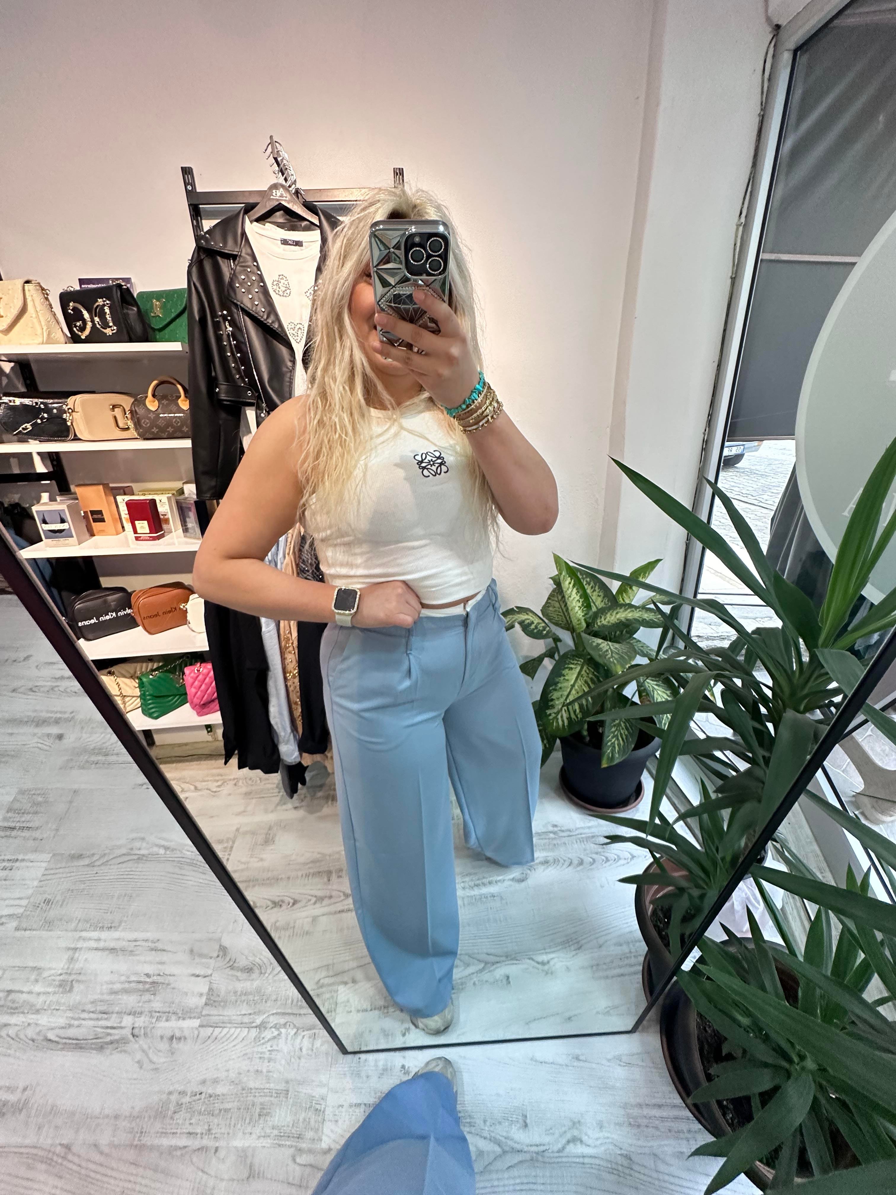 Beli Şeritli Viskon Kumaş Bebe Mavisi Palazzo Pantolon