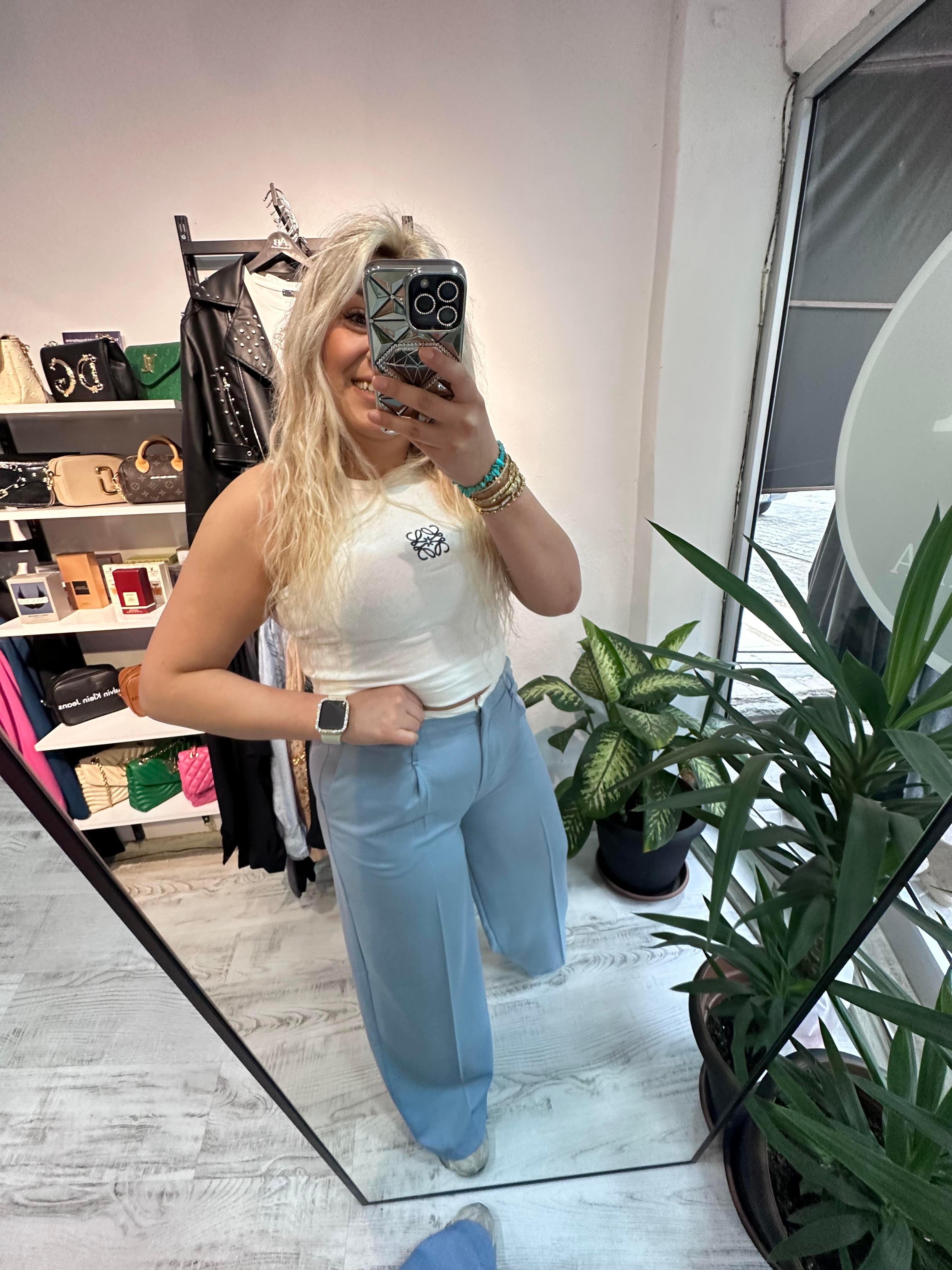 Beli Şeritli Viskon Kumaş Bebe Mavisi Palazzo Pantolon