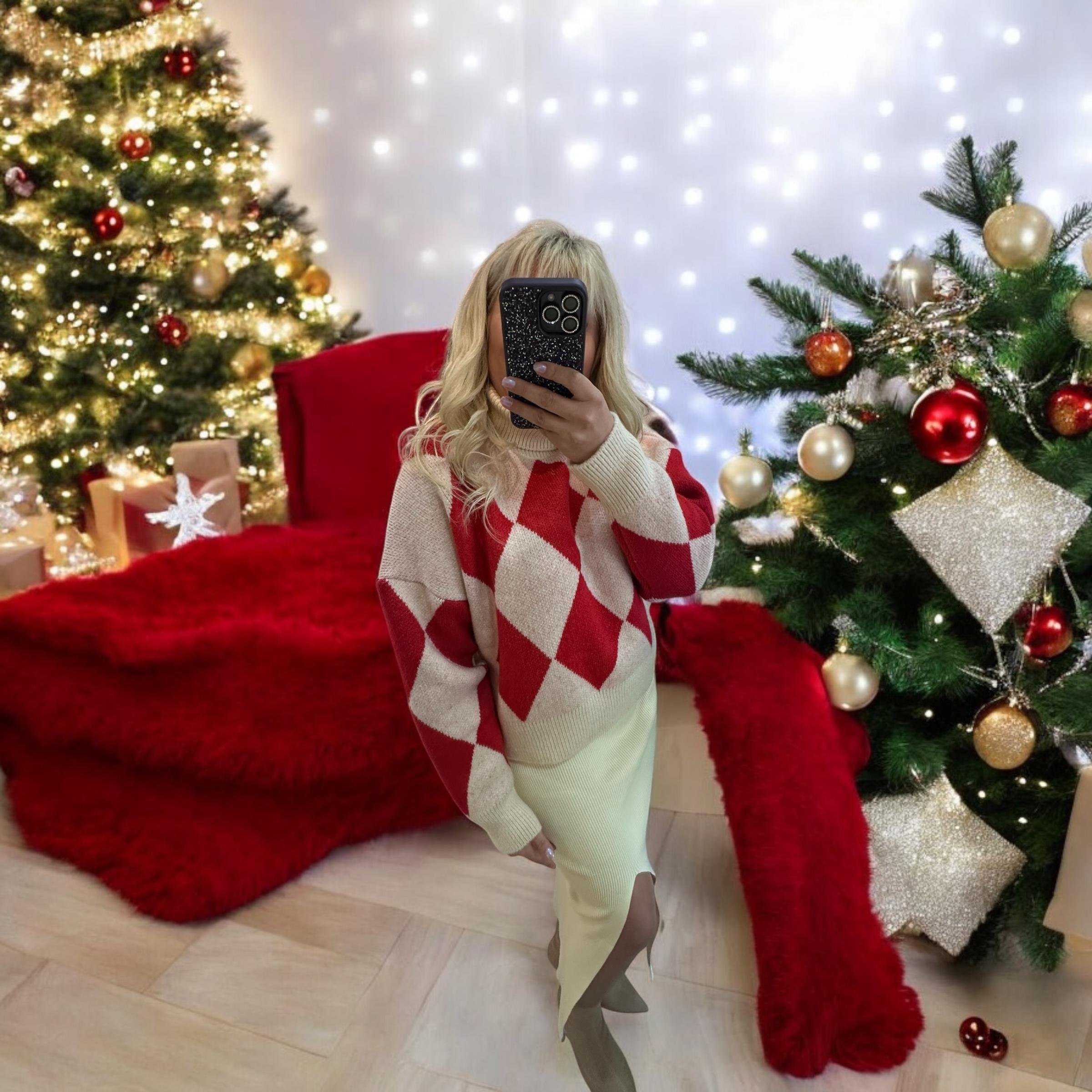 Boğazlı Kırmızı Ekru Balava Desen Premium Kazak