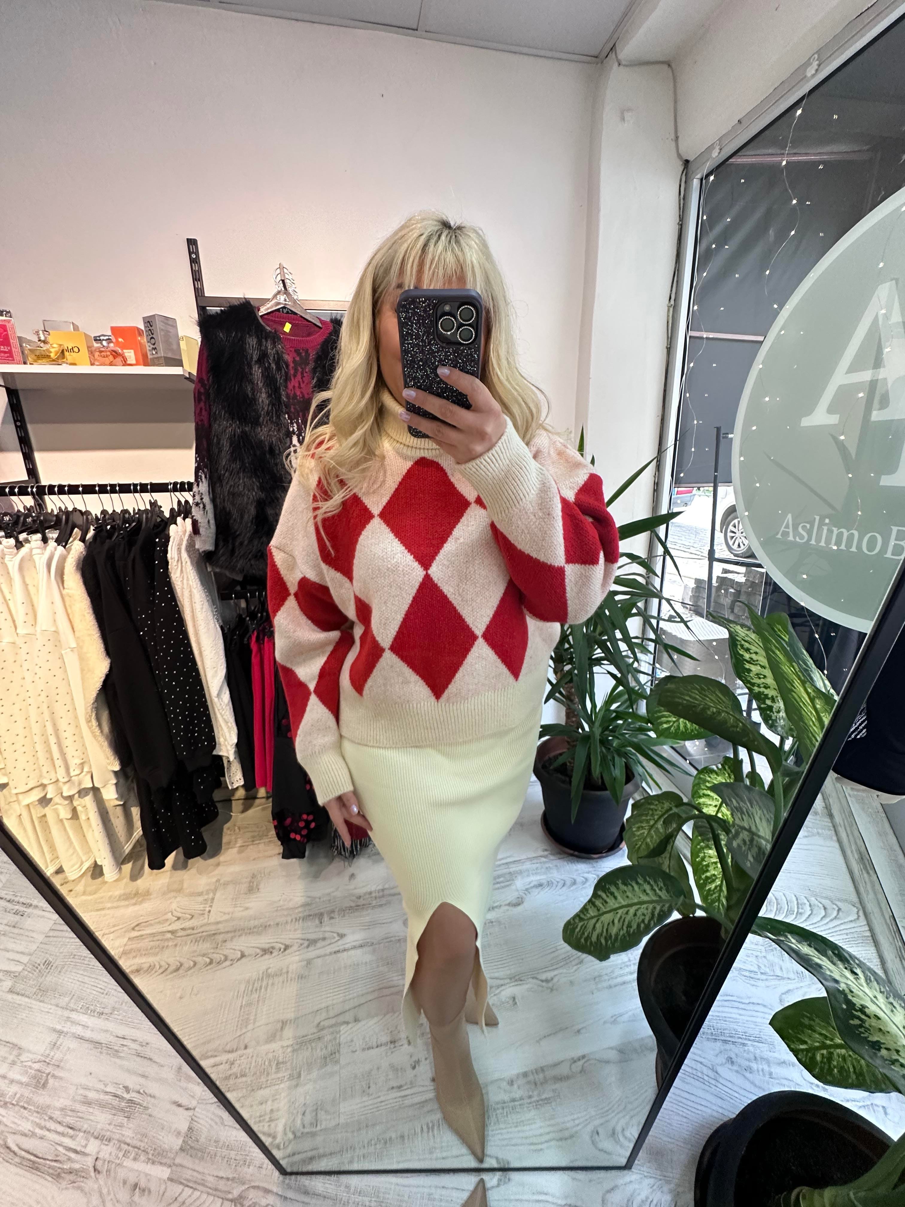 Boğazlı Kırmızı Ekru Balava Desen Premium Kazak