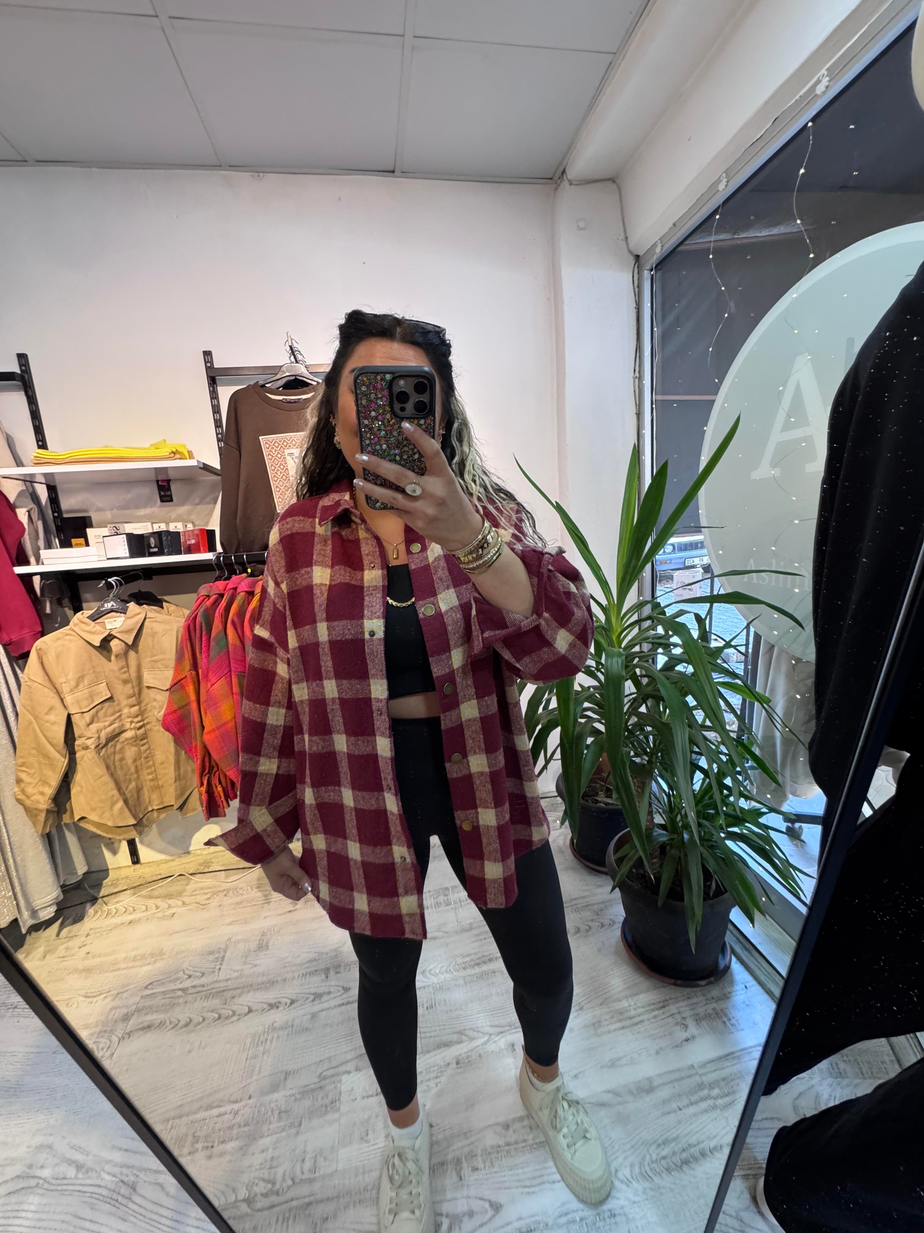 Bordo Kareli Renk Geçişli Ekose Gömlek Ceket