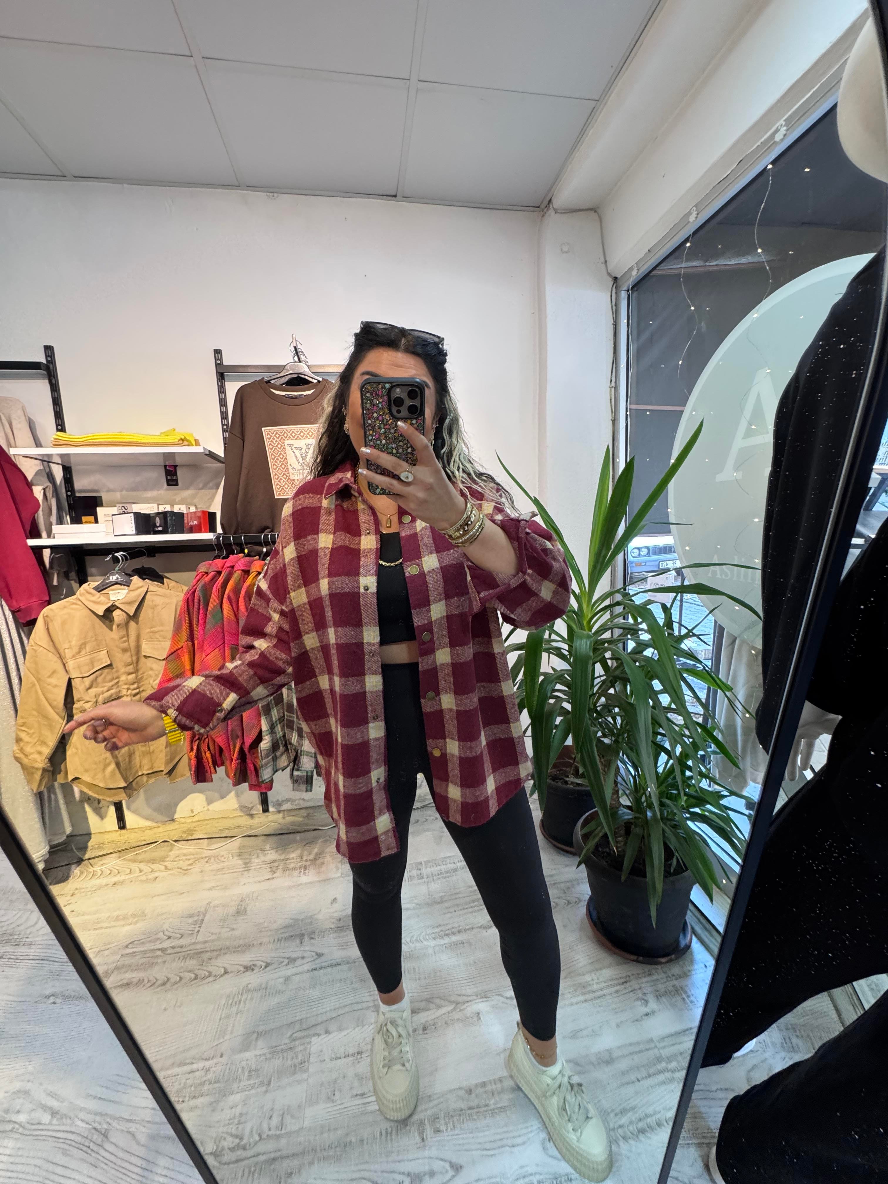 Bordo Kareli Renk Geçişli Ekose Gömlek Ceket