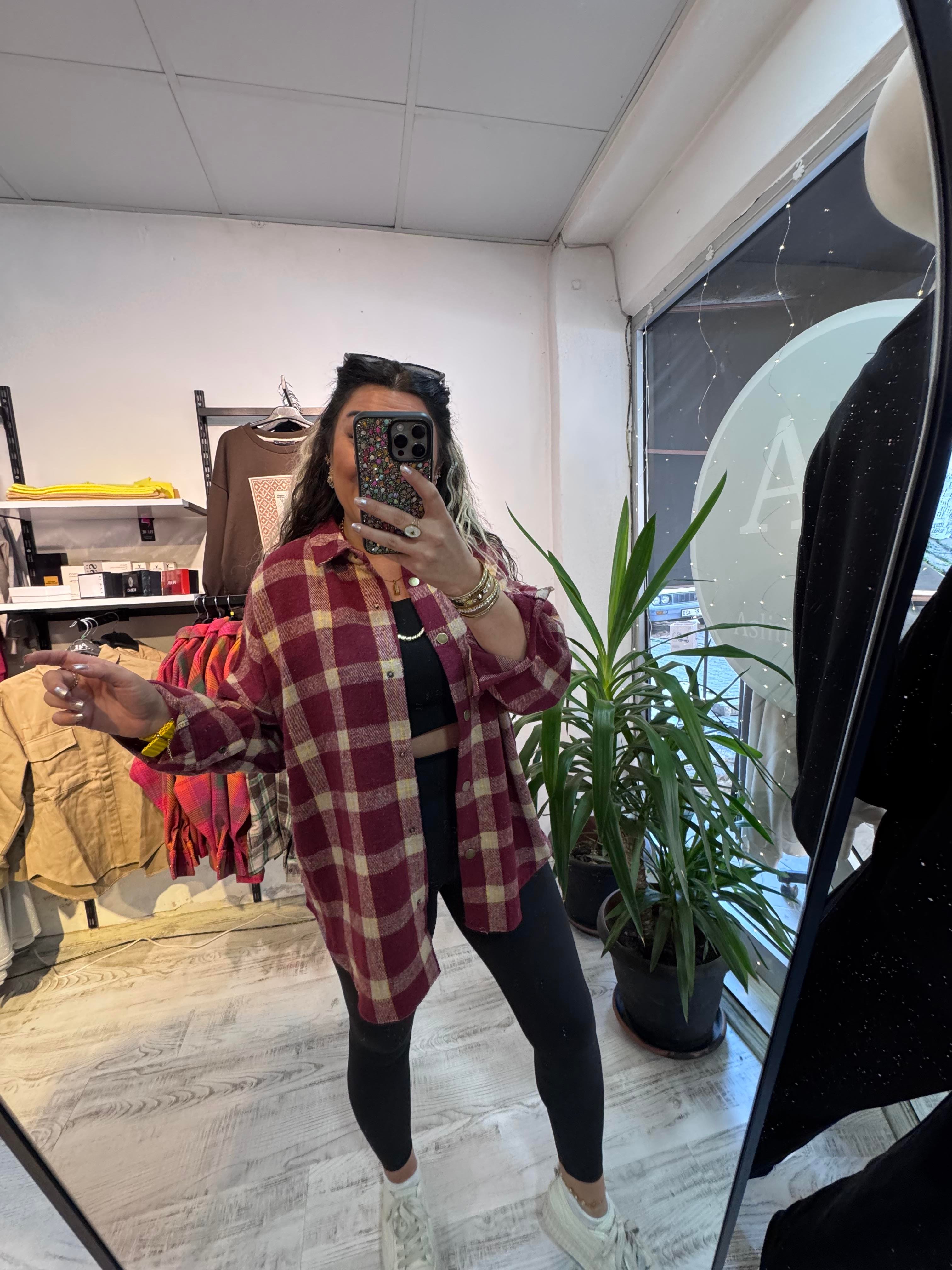 Bordo Kareli Renk Geçişli Ekose Gömlek Ceket