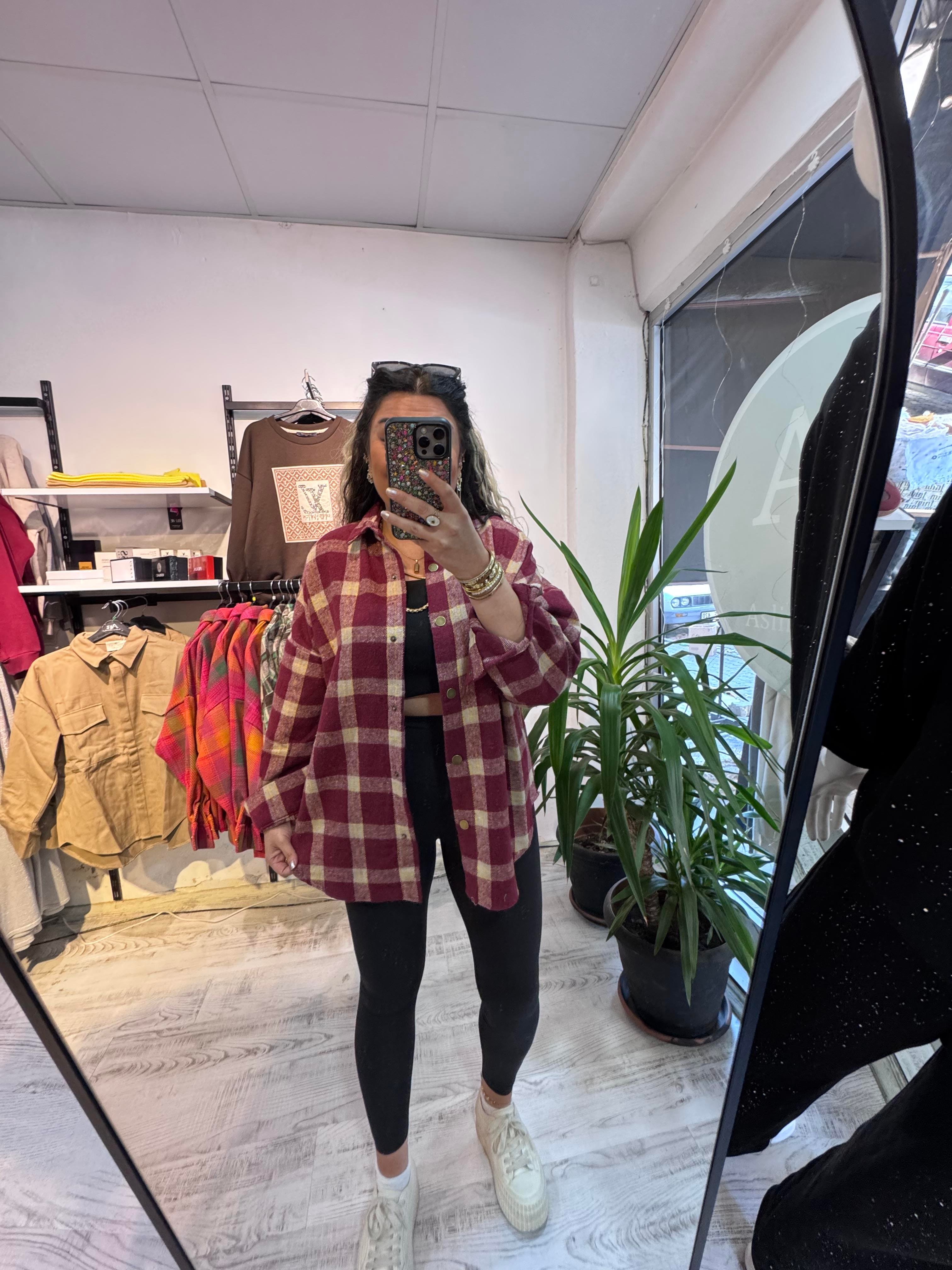 Bordo Kareli Renk Geçişli Ekose Gömlek Ceket