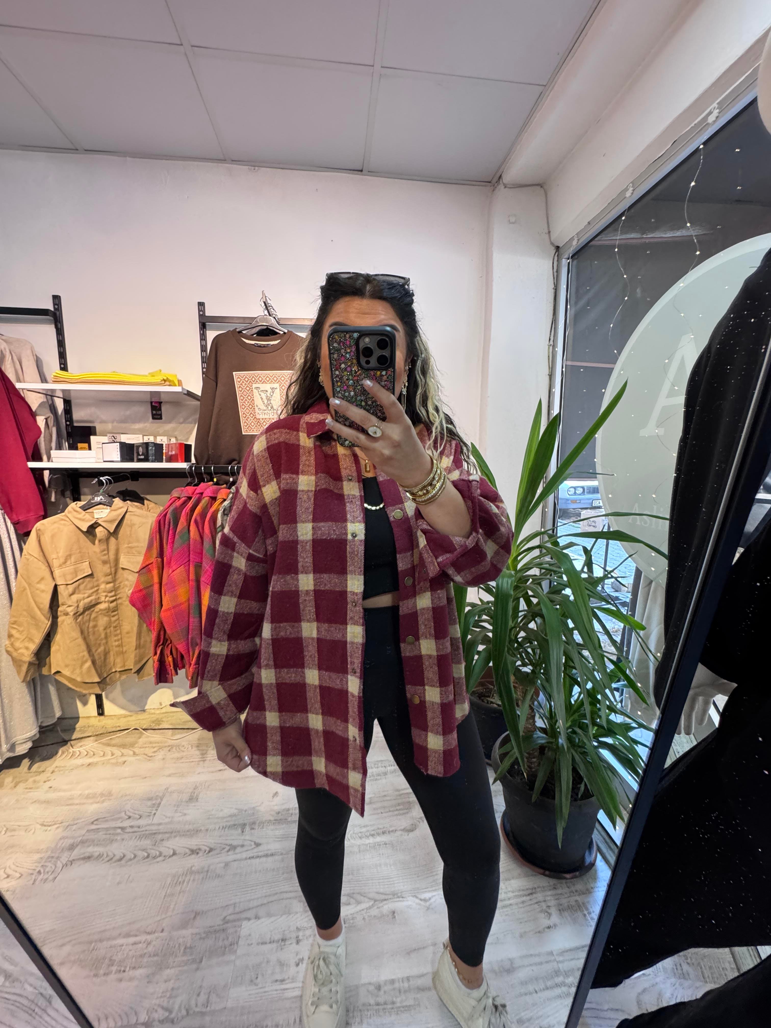 Bordo Kareli Renk Geçişli Ekose Gömlek Ceket