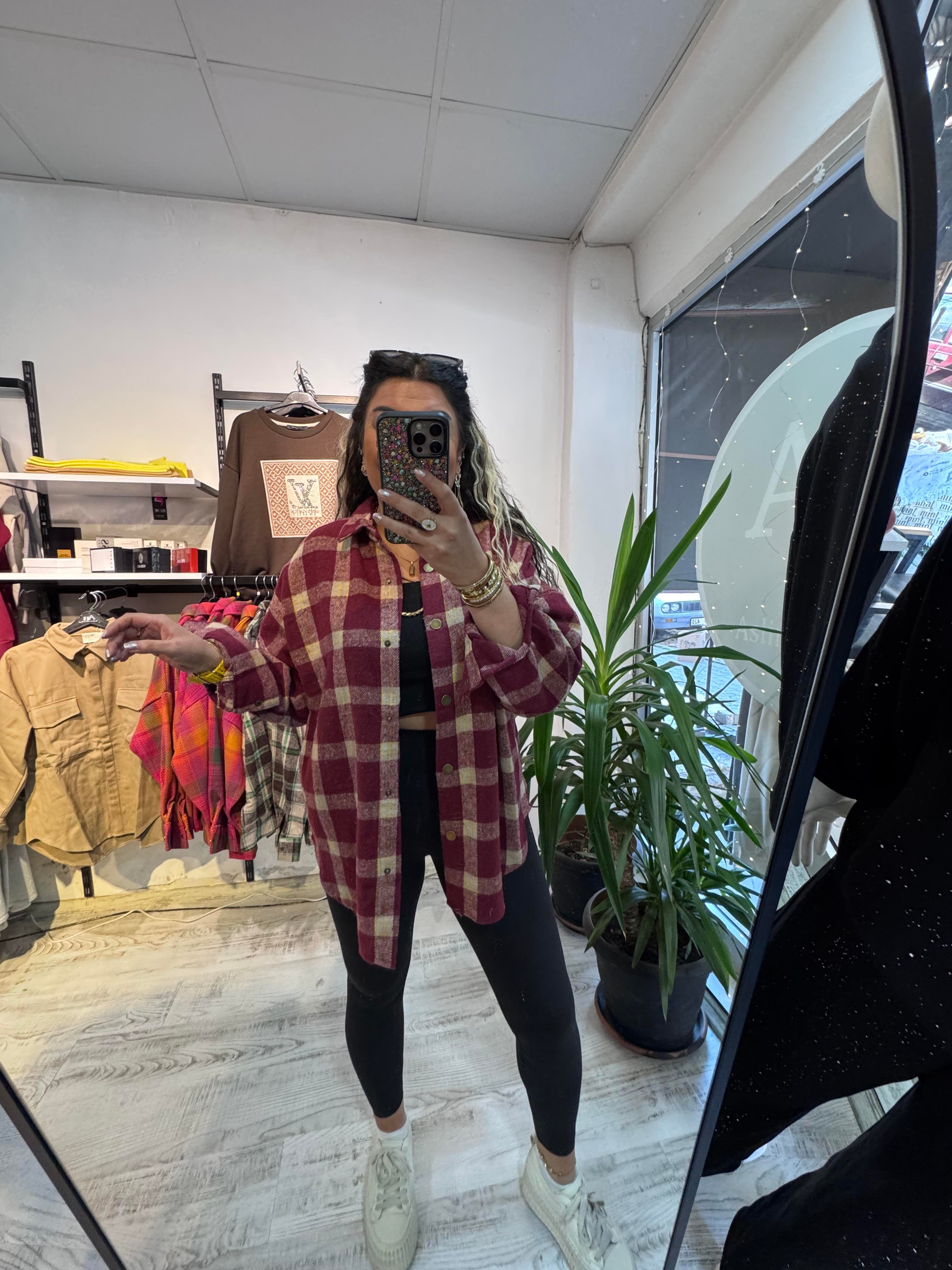 Bordo Kareli Renk Geçişli Ekose Gömlek Ceket