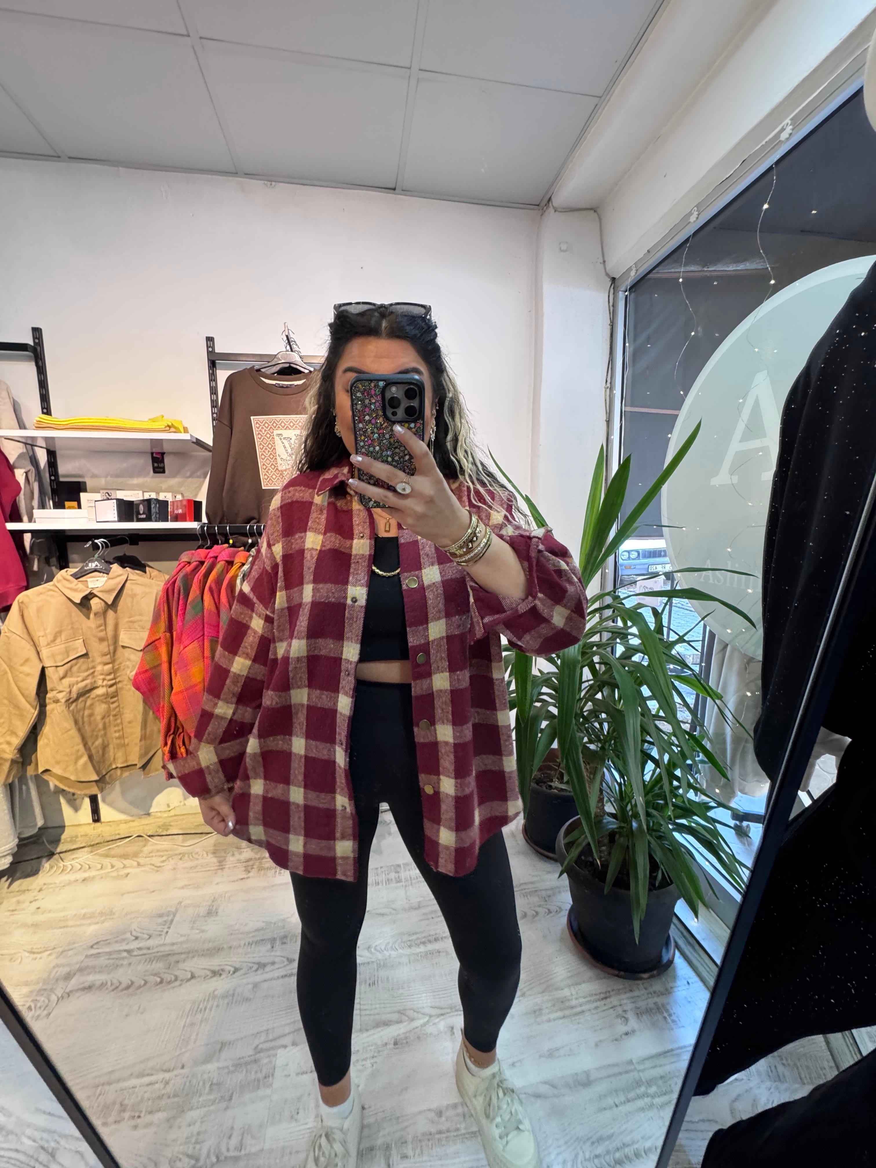 Bordo Kareli Renk Geçişli Ekose Gömlek Ceket