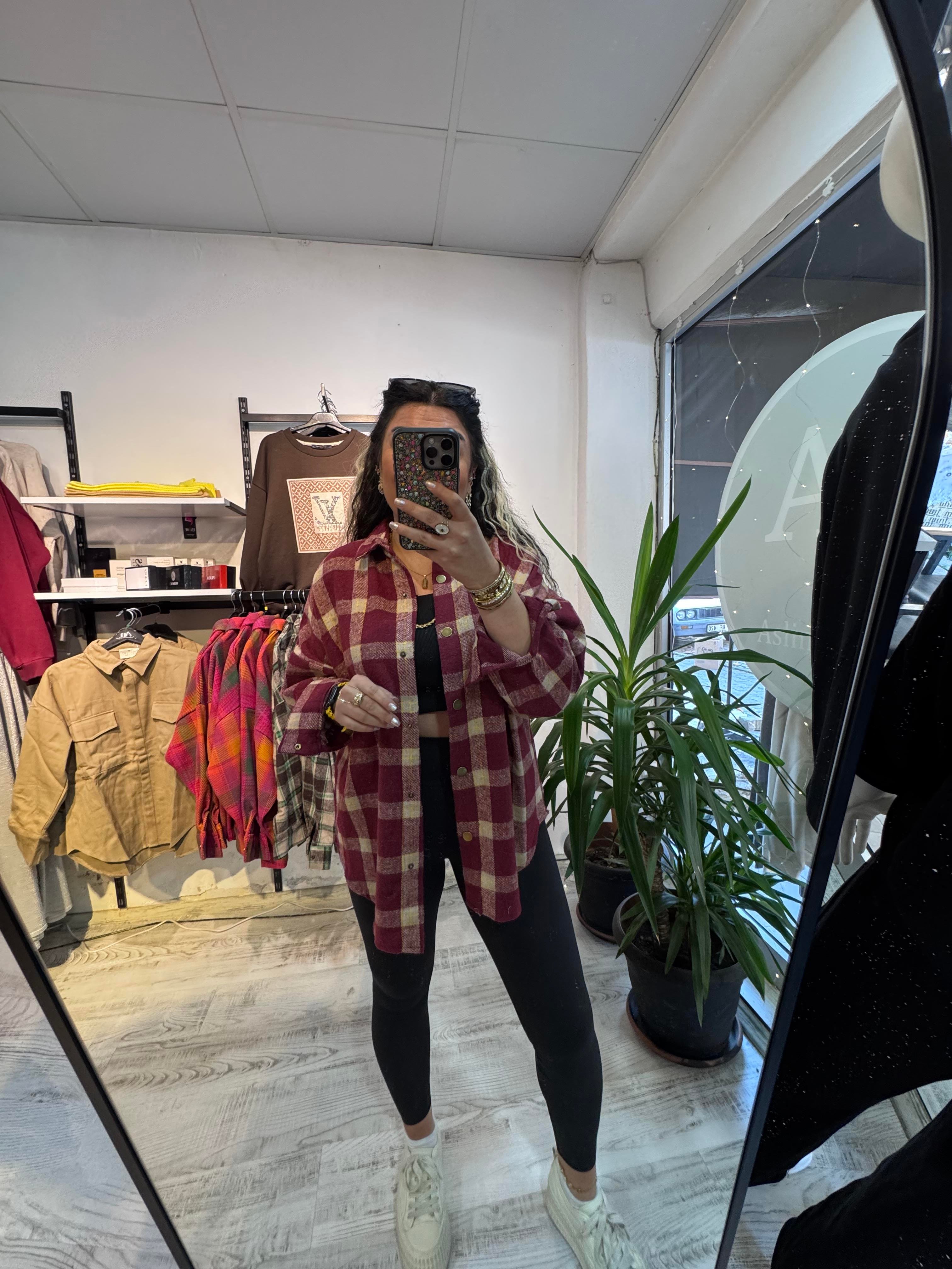 Bordo Kareli Renk Geçişli Ekose Gömlek Ceket