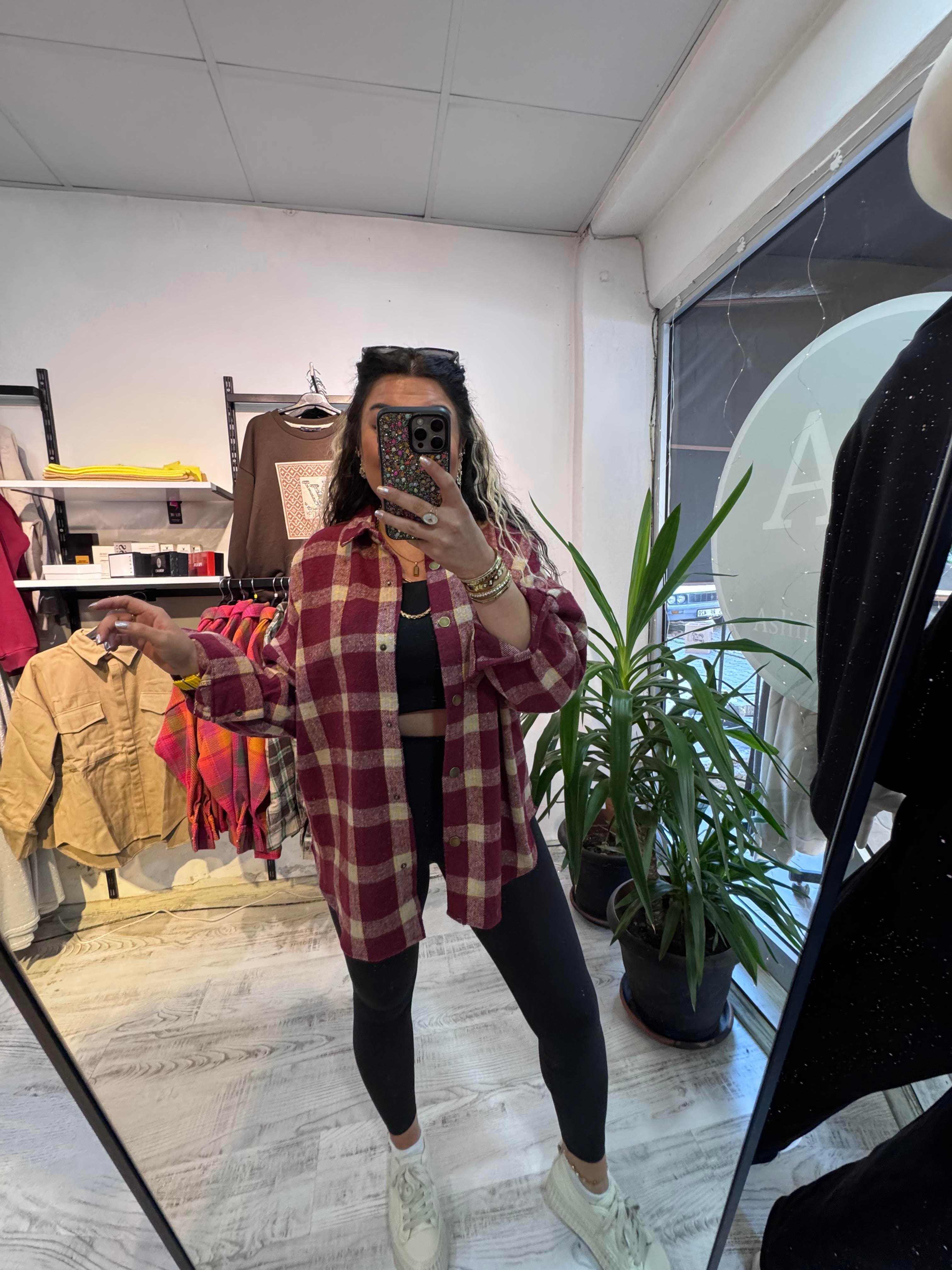 Bordo Kareli Renk Geçişli Ekose Gömlek Ceket