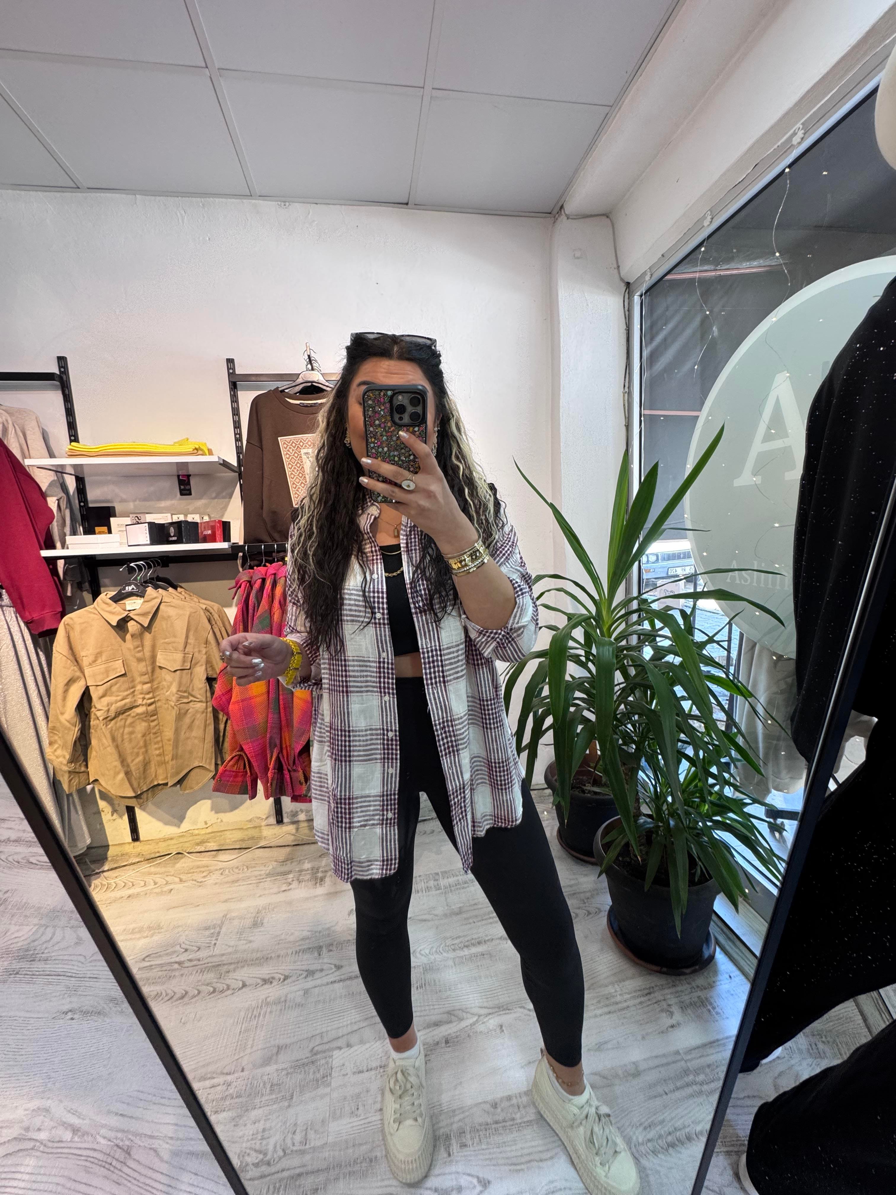 Bordo Lacivert Kareli Ekose Gömlek