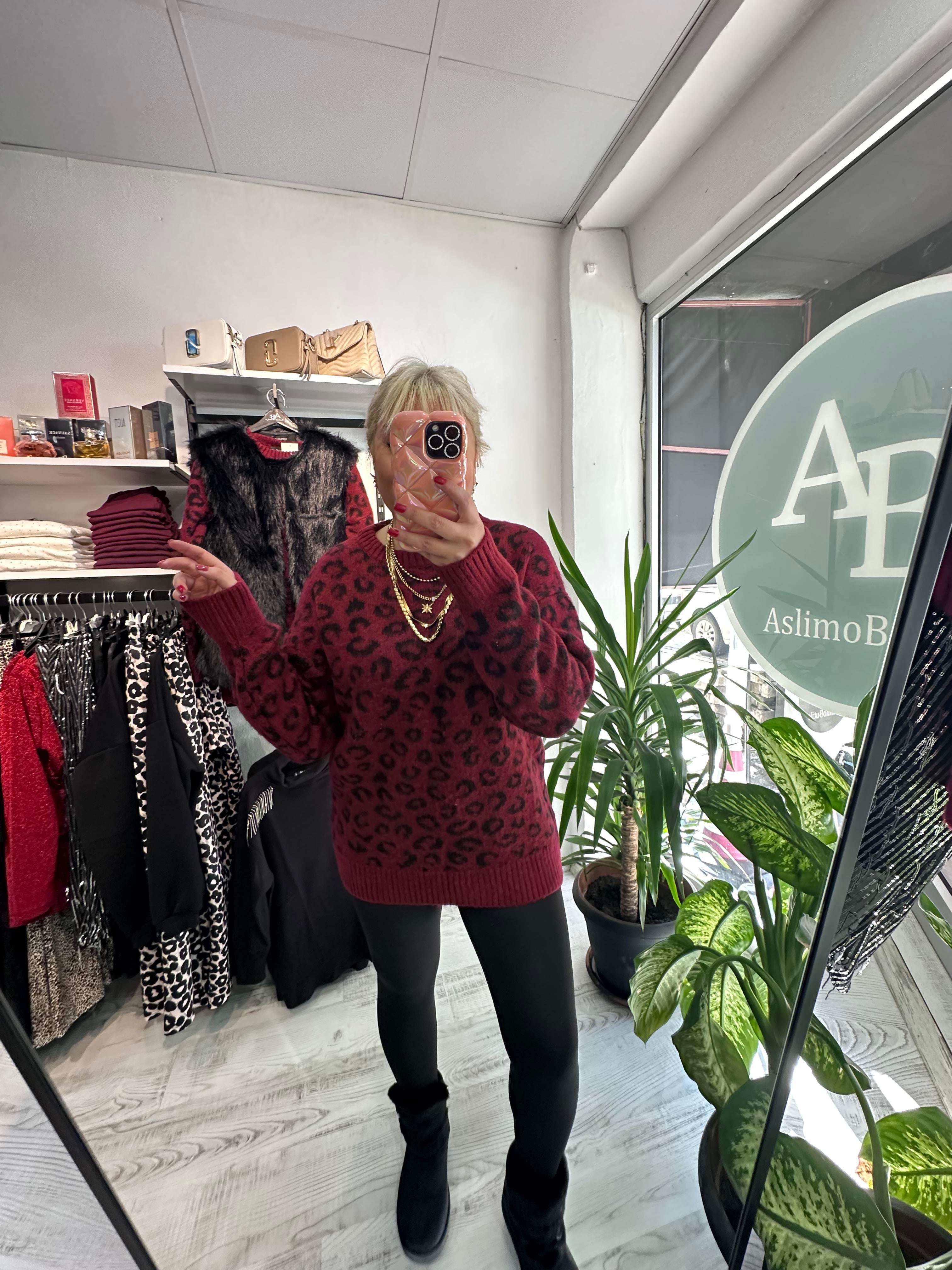 Bordo Leopar Desenli Yumoş Kazak