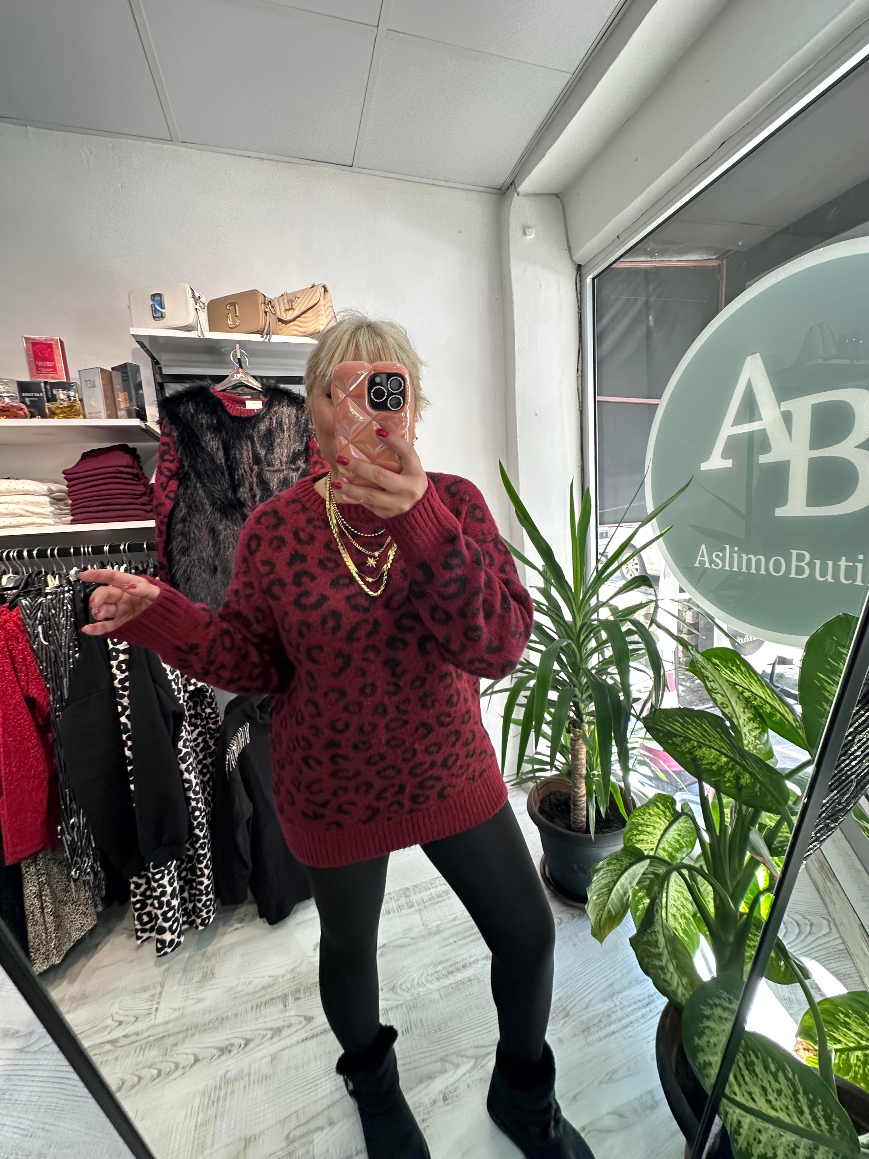 Bordo Leopar Desenli Yumoş Kazak