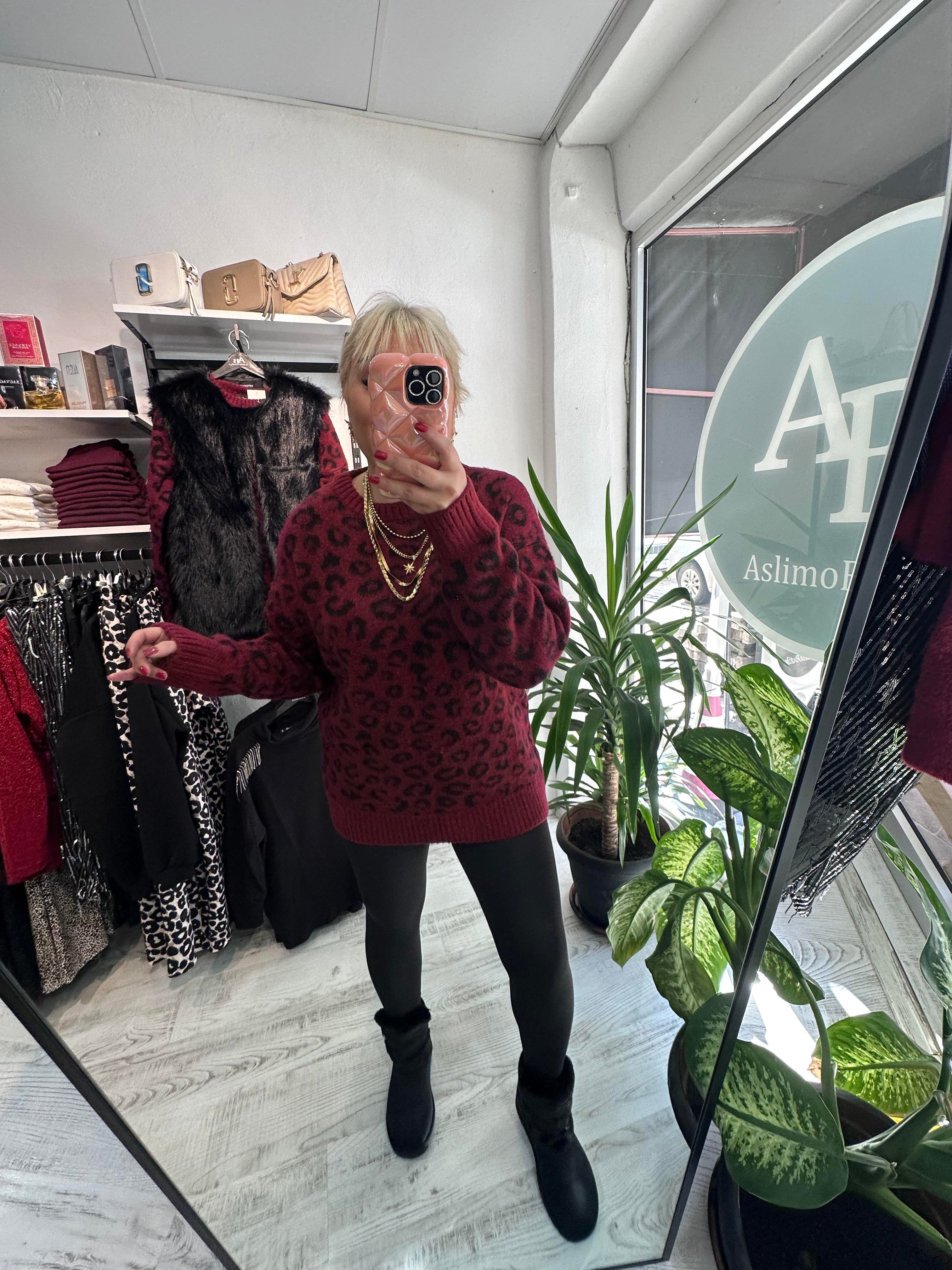 Bordo Leopar Desenli Yumoş Kazak