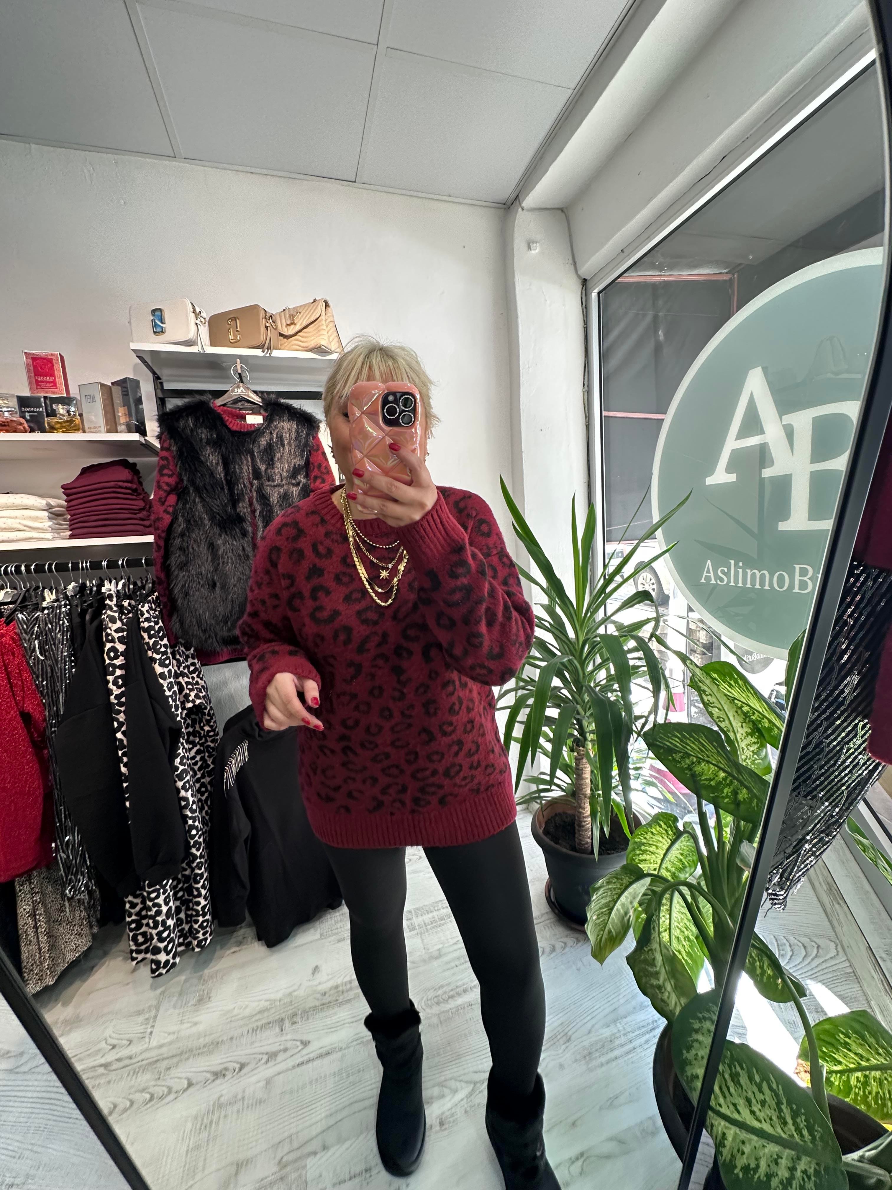 Bordo Leopar Desenli Yumoş Kazak