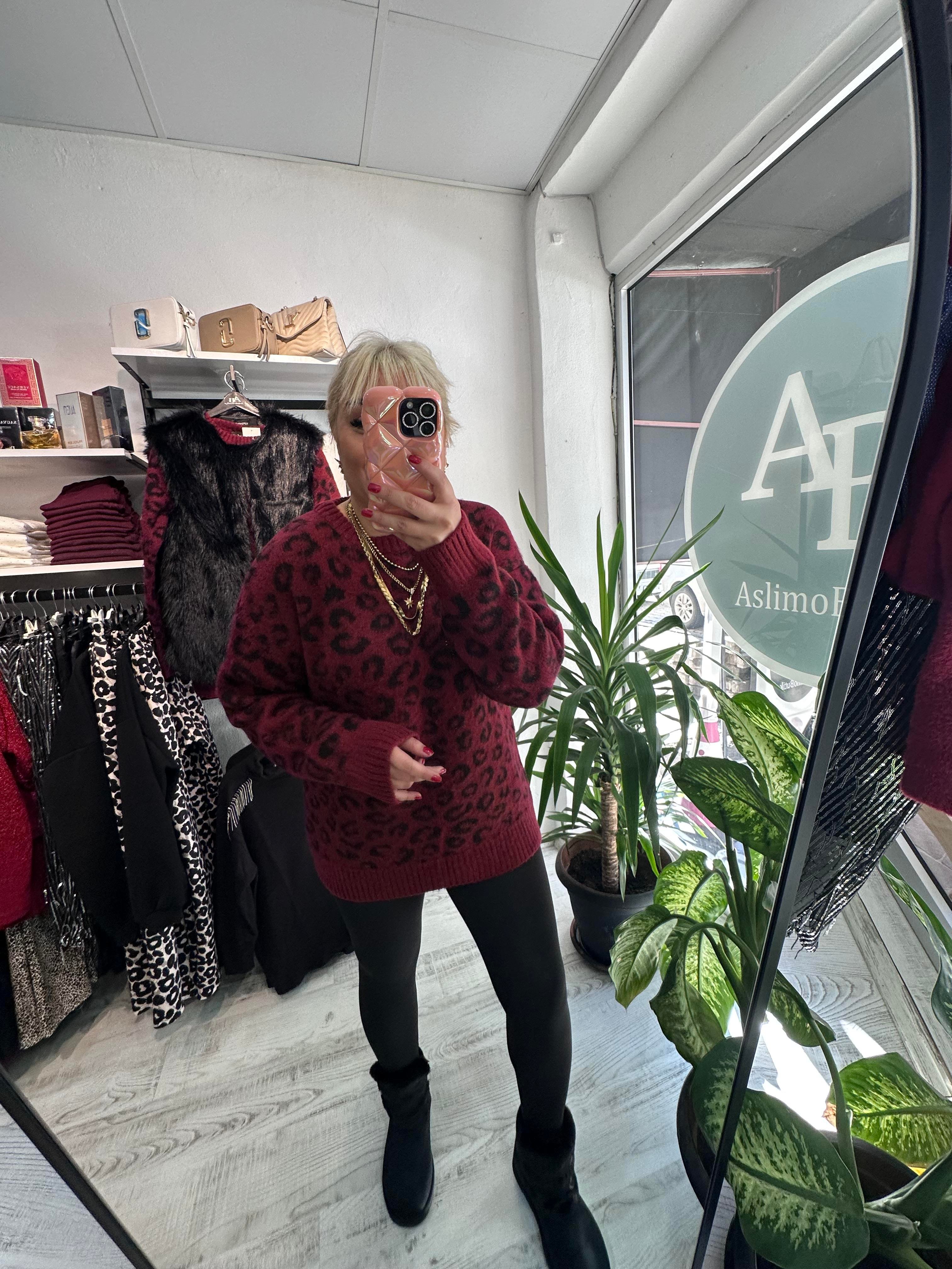 Bordo Leopar Desenli Yumoş Kazak