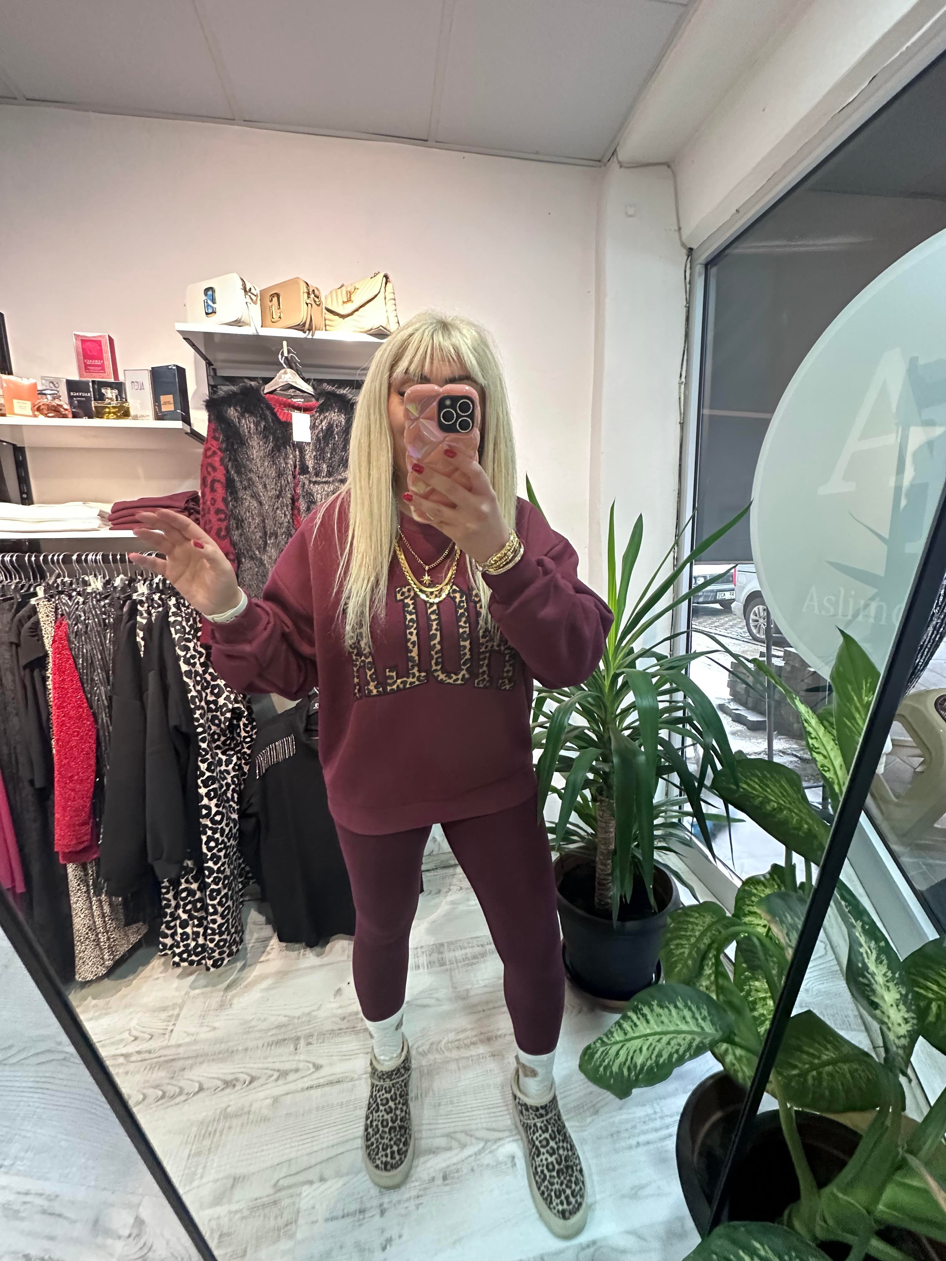 Bordo Leopar Detaylı Hola Sweat