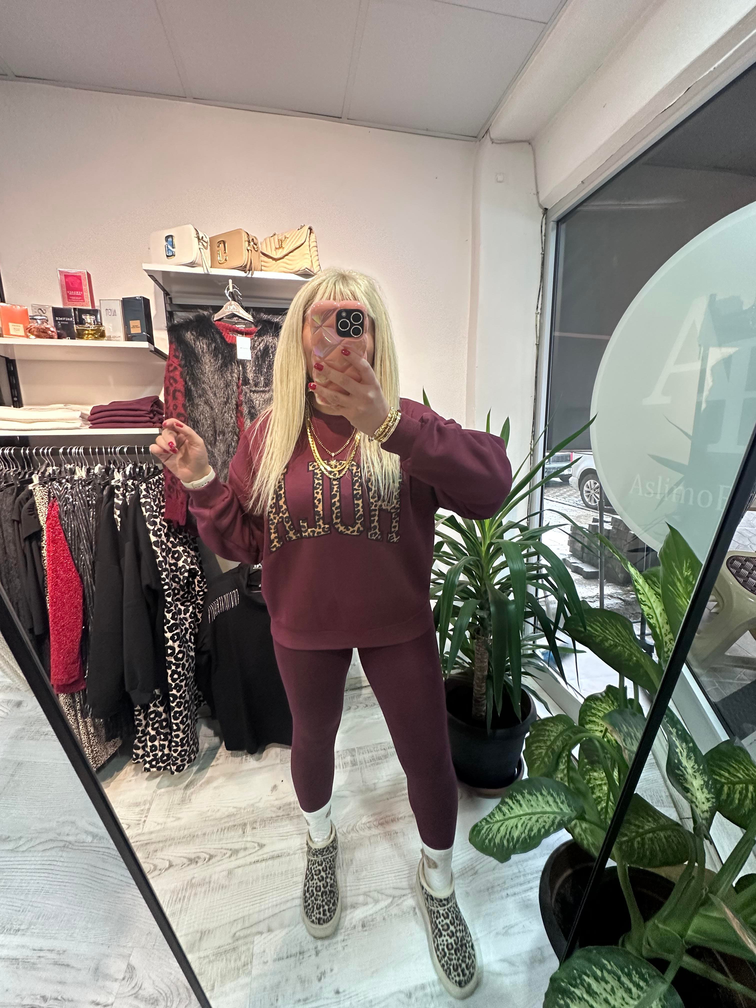 Bordo Leopar Detaylı Hola Sweat